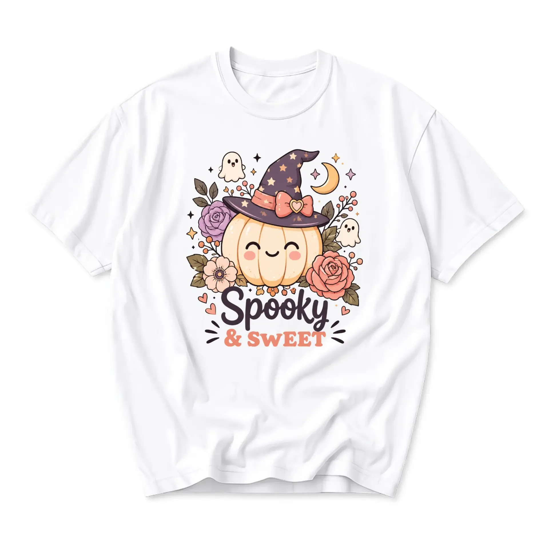 Graphic Tee Spooky and Sweet Halloween Pumpkin Witch Hat Cute Pastel Autumn Theme Unisex Crew Neck Casual T-Shirt