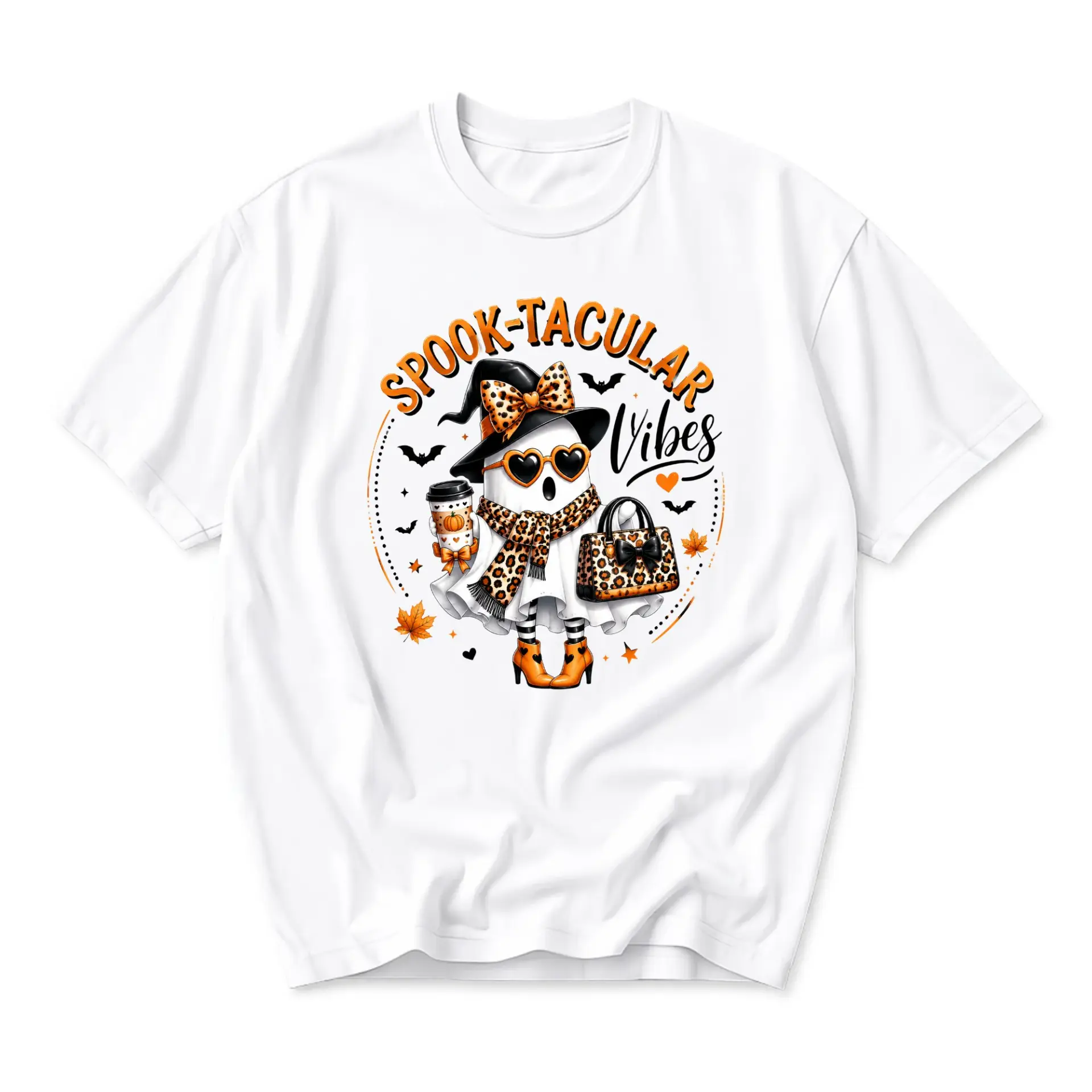 Funny Shirt Spook-Tacular Vibes Ghost Graphic Tee Seasonal Casual Wear Crew Neck Cotton Blend Unisex Graphic T-Shirt