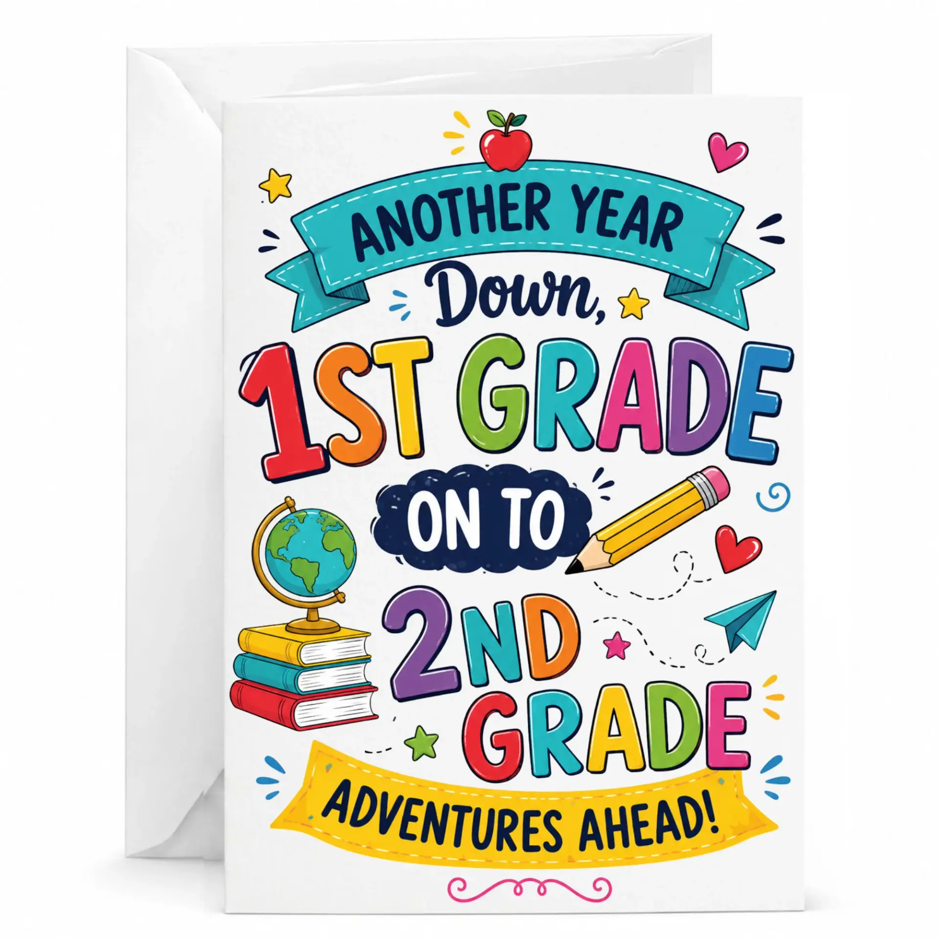 Greeting Card for End of School Year Featuring First to Second Transition Theme and Colorful Design