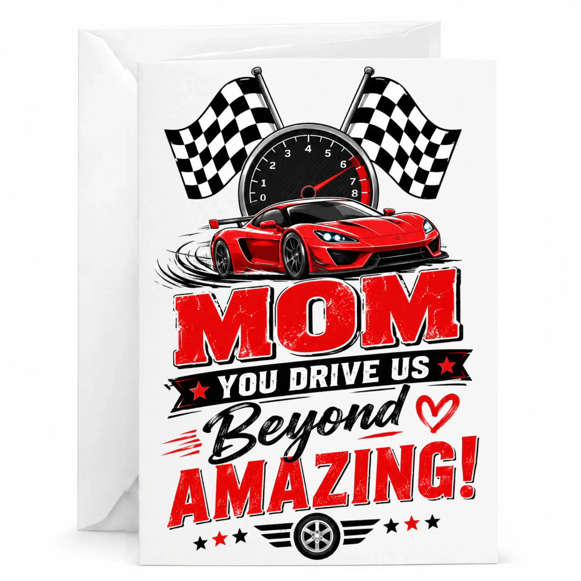 Funny Greeting Card for Mom Featuring Racing Car Theme and Sports Graphic with Chequered Flags Design