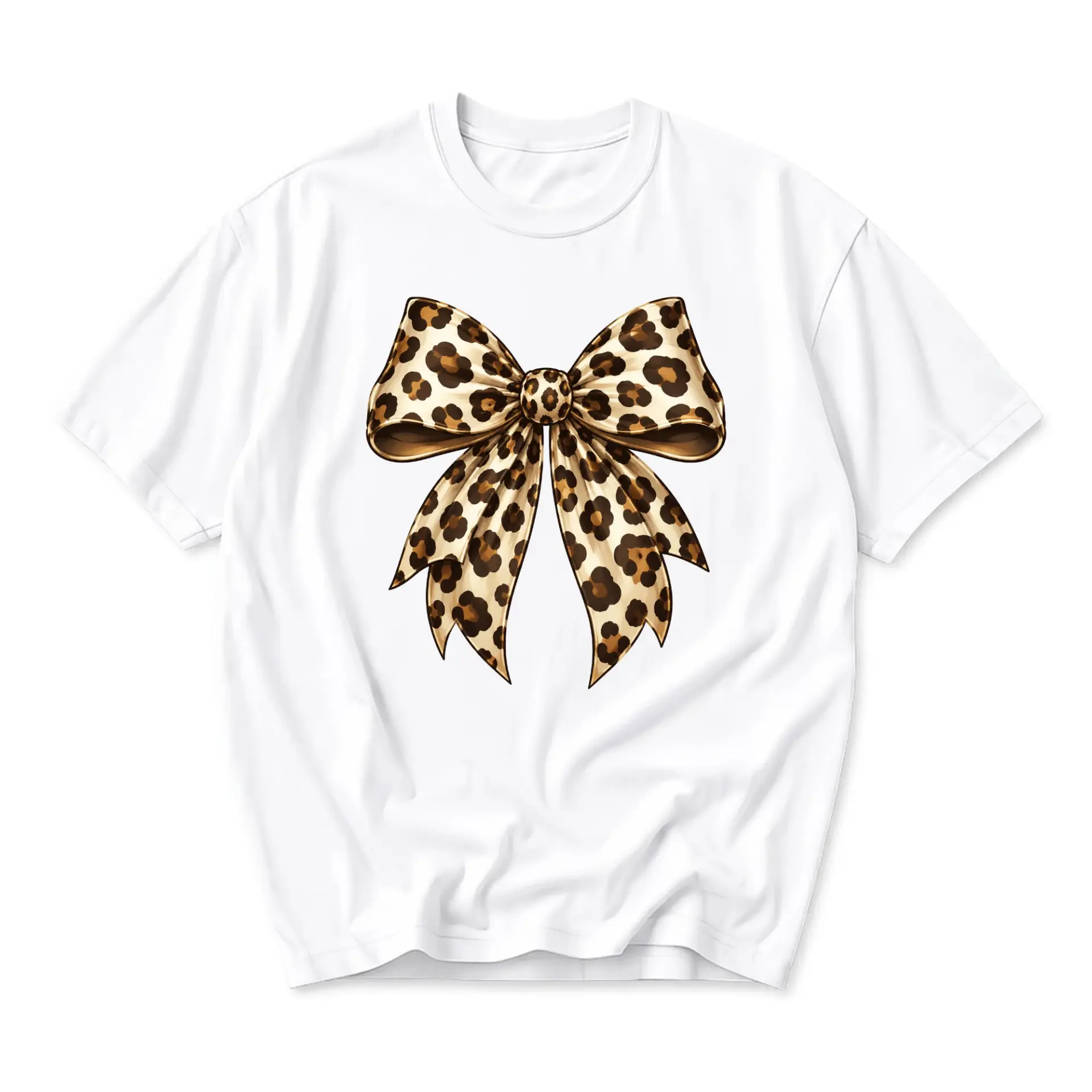 Graphic Tee Leopard Print Bow Design Unisex Crew Neck Short Sleeve Casual Shirt for Everyday Wear and Self Expression