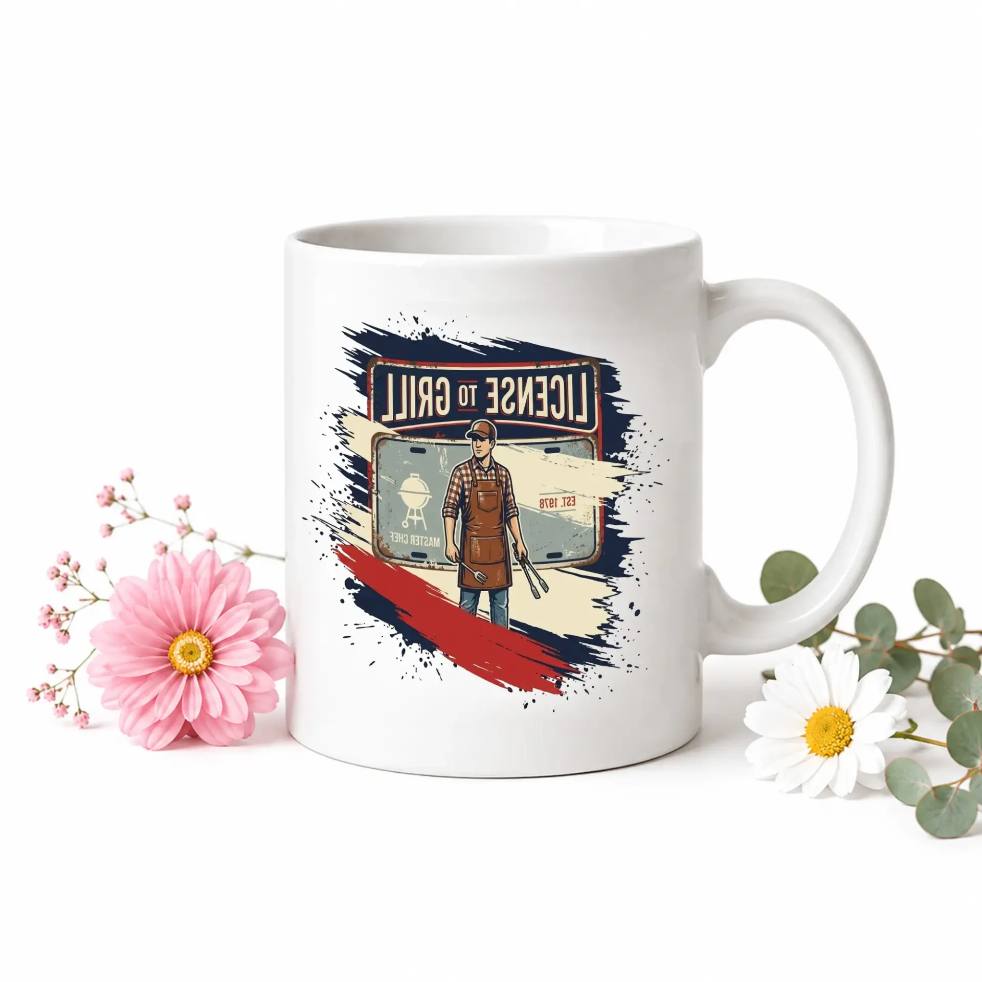 Funny Barbecue Themed Coffee Mug Ceramic Drinkware Gift for Outdoor Grilling Enthusiast with License to Grill Design