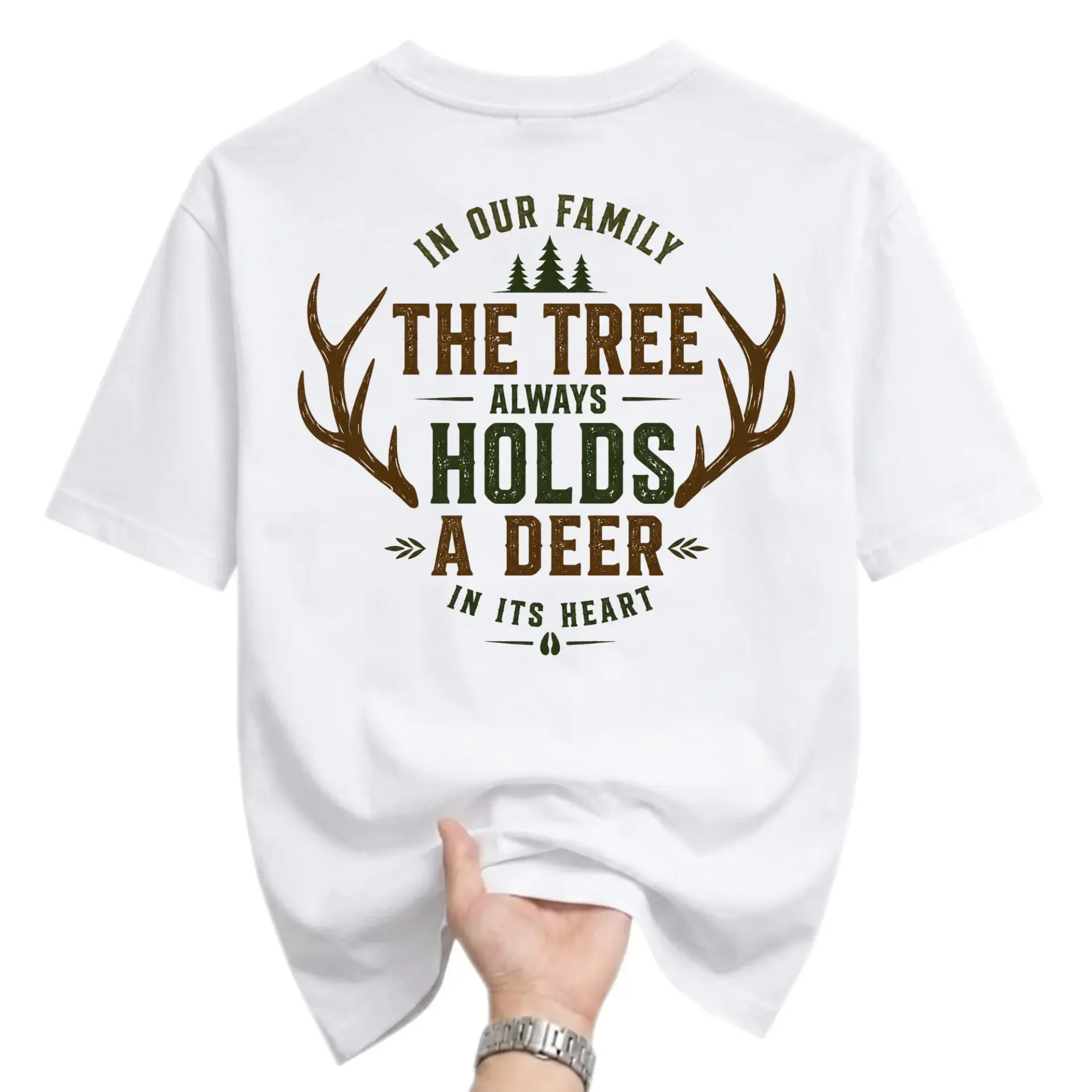 Graphic Tee Unisex Crew Neck T-Shirt in Our Family the Tree Always Holds a Deer in Its Heart Outdoors Design