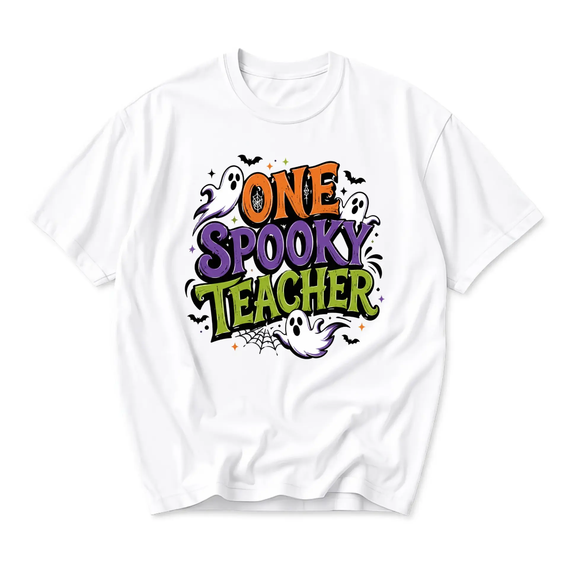 Funny Shirt One Spooky Teacher Halloween Graphic Printed T-Shirt Unisex Casual Everyday Cotton Apparel Crew Neck Top
