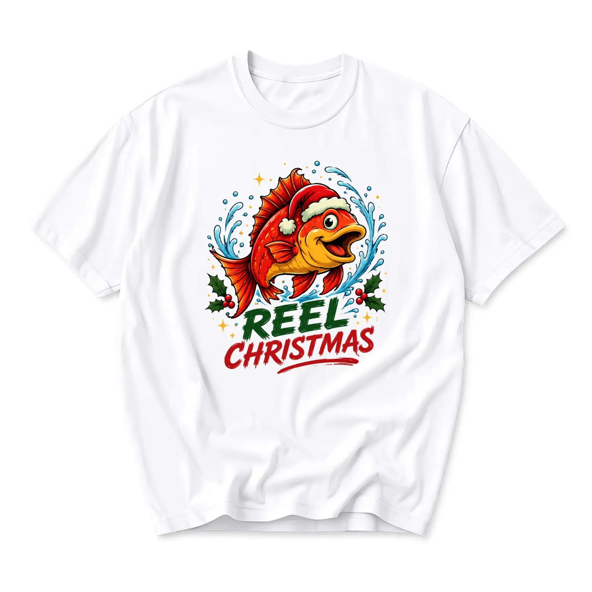Funny Shirt Reel Christmas Fish Graphic Tee Unisex Casual Apparel Festive Holiday Inspired Print Clothing