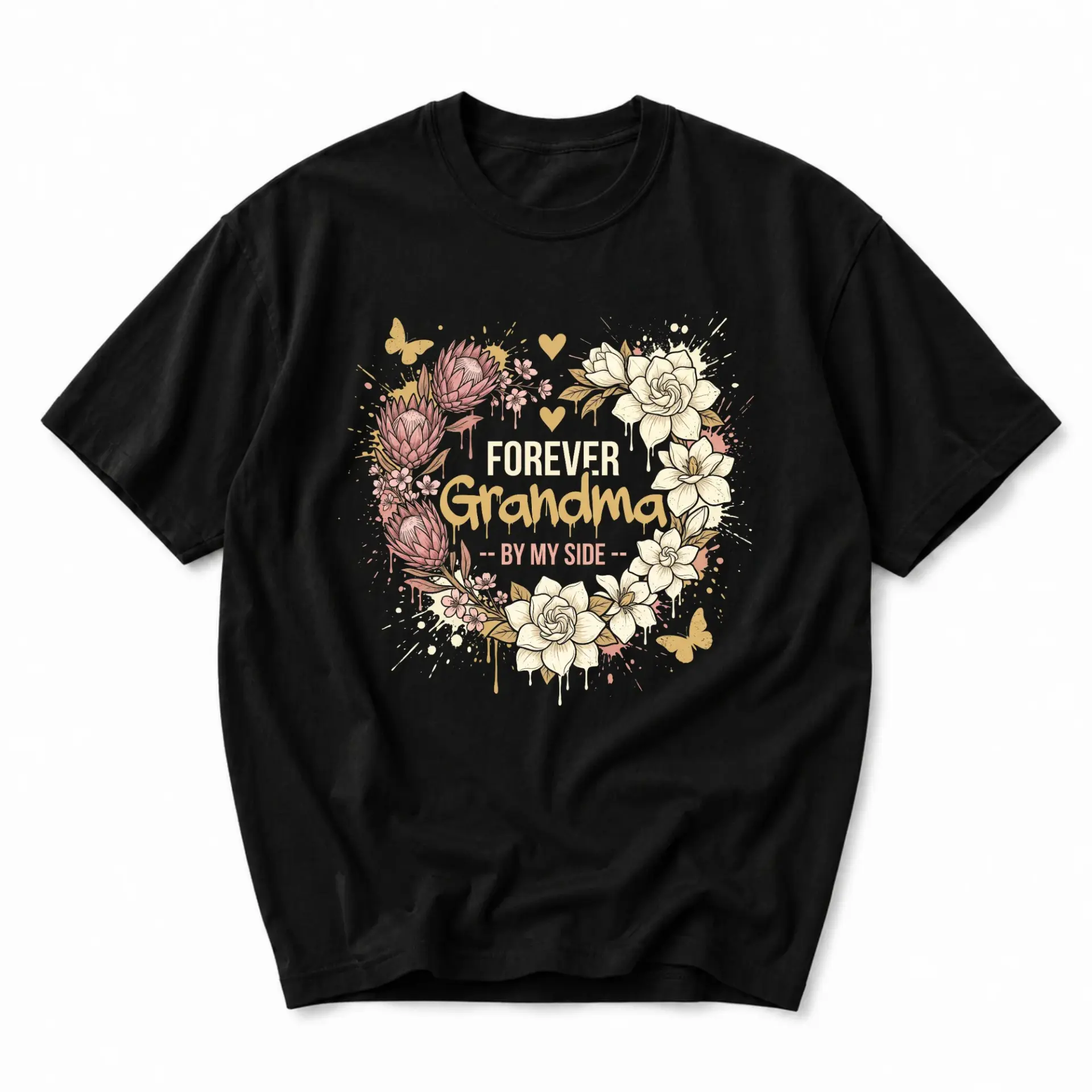 T-shirt Forever Grandma by My Side Floral Graphic Tee Unisex Casual Crew Neck Short Sleeve Cotton Apparel Black Shirt