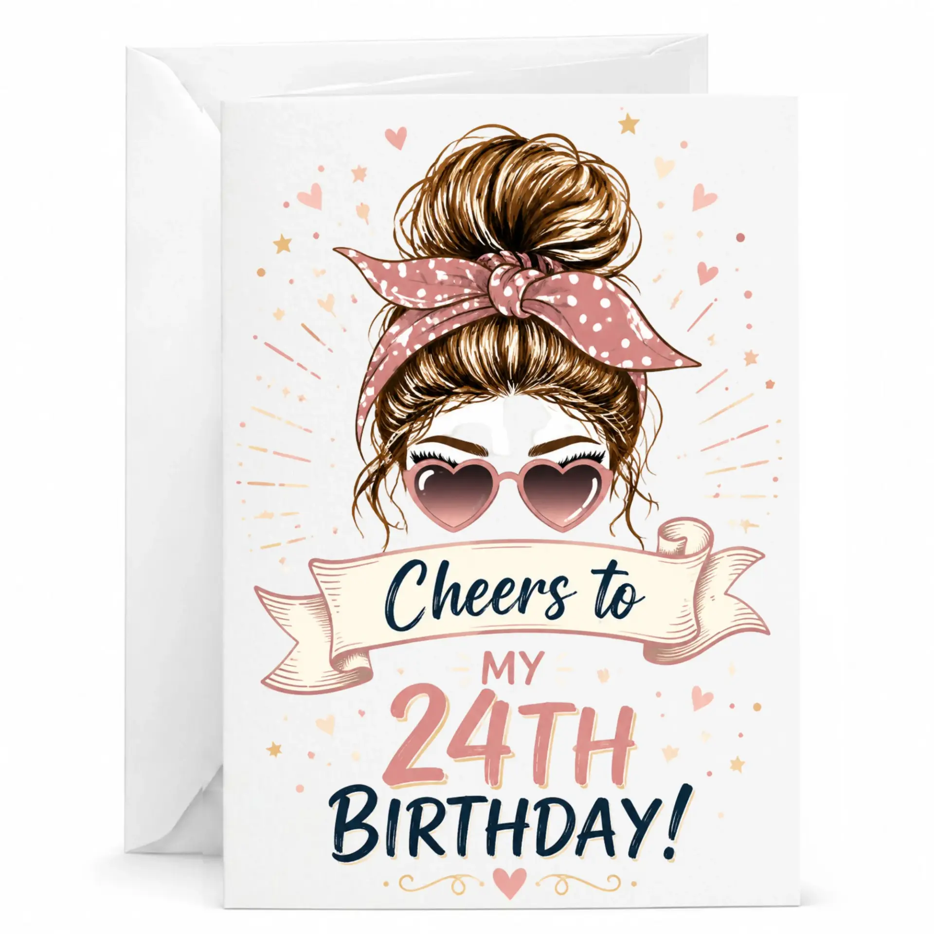 Birthday Card for 24th Birthday Celebration Funny Illustration with Heart Sunglasses and Polka Dot Hair Band