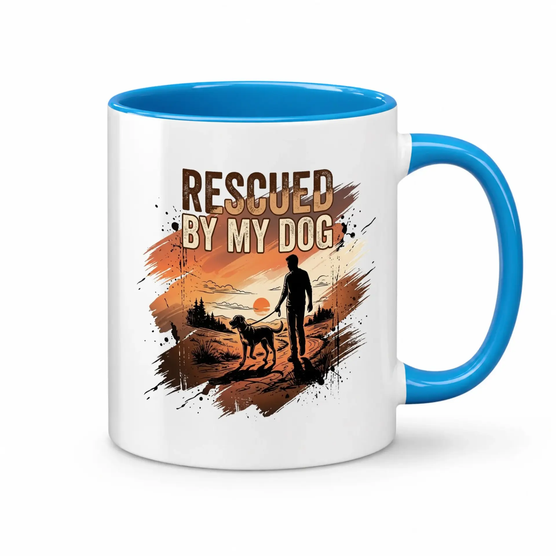 Rescued by My Dog Ceramic Coffee Mug Two Blue Handle Novelty Drinkware Gift for Pet Owners and Lovers