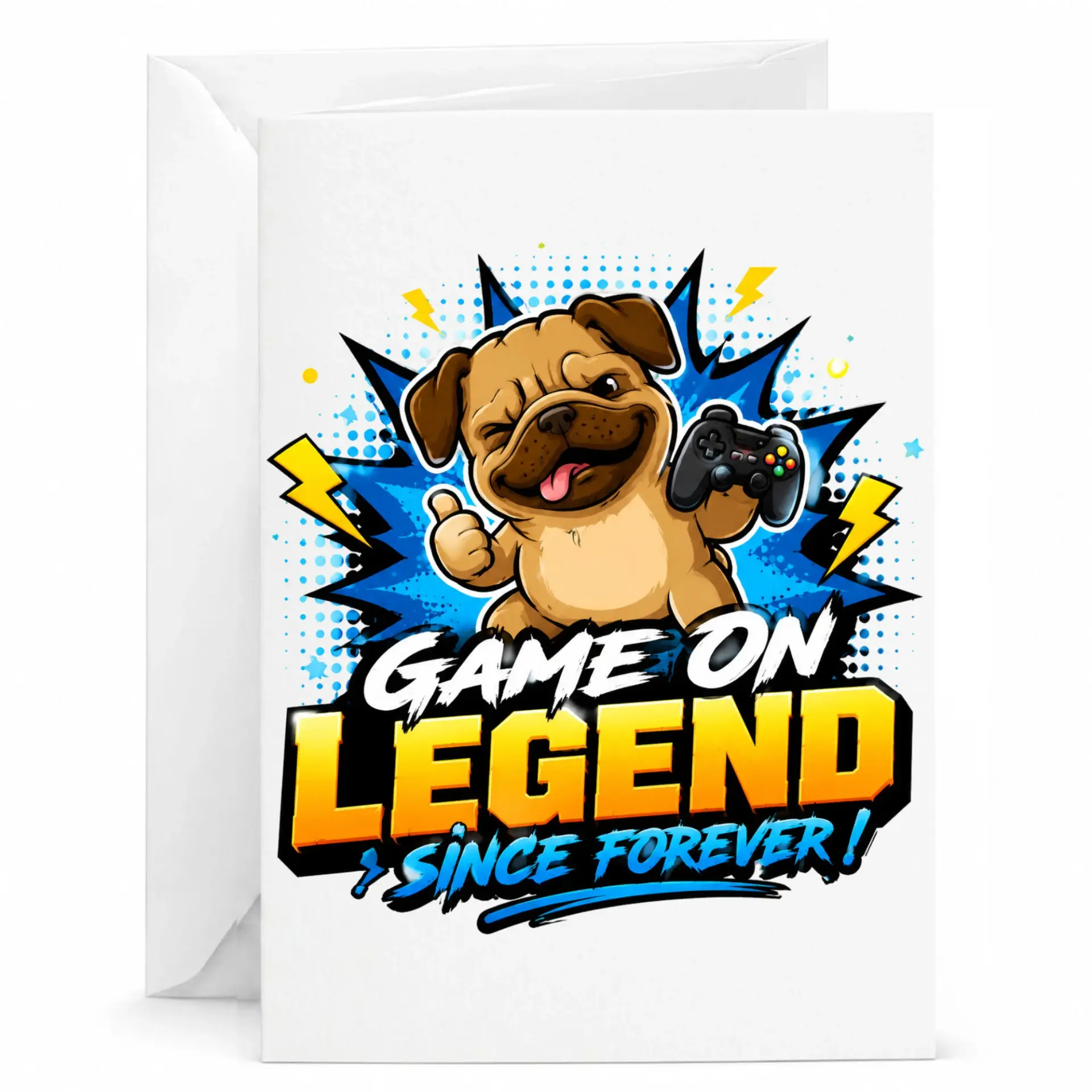 Funny Gaming Greeting Card Featuring a Cute Pug with Controller Design for Gamers and Friends to Say Happy Birthday