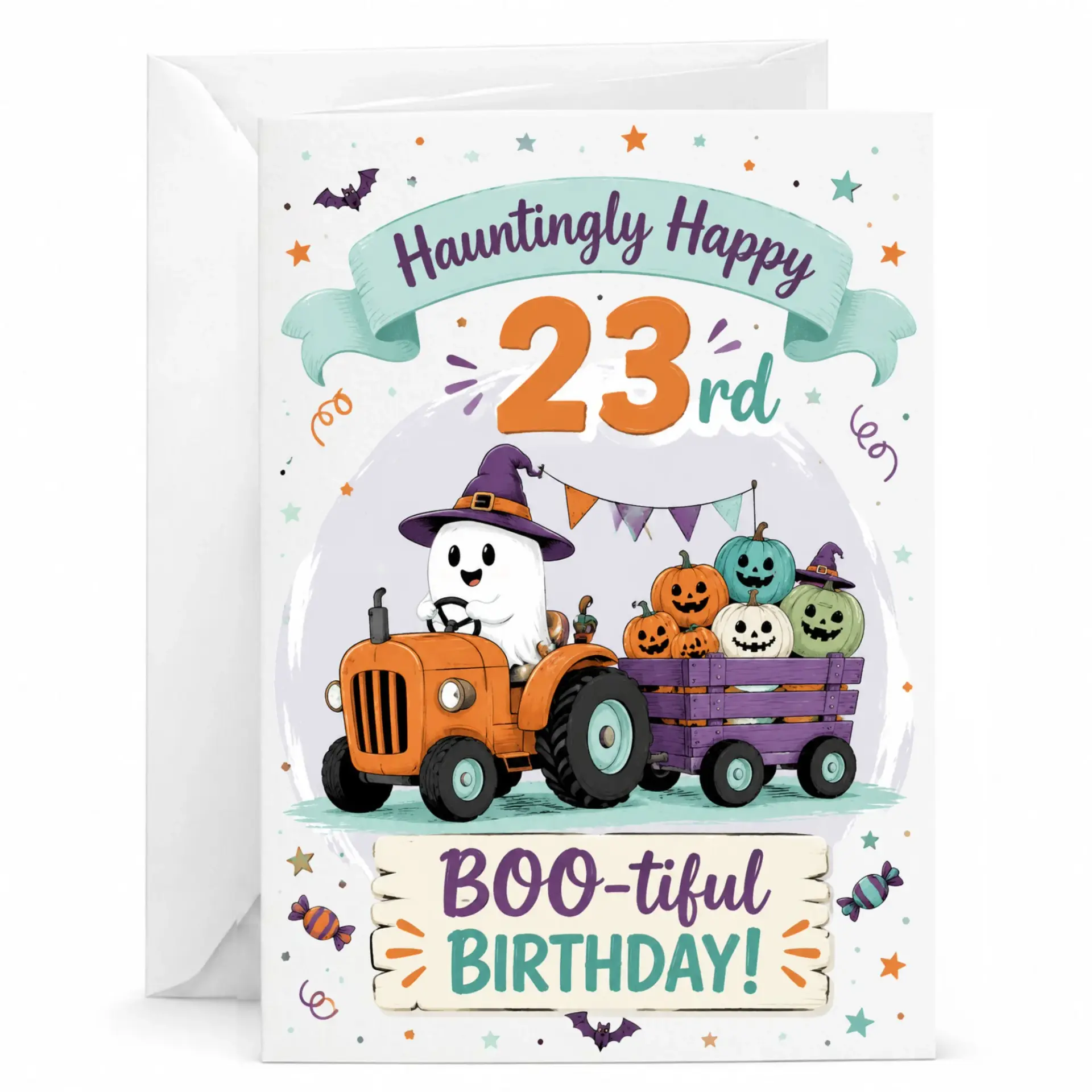 Funny 23rd Birthday Card Hauntingly Happy Ghost Driving Tractor Illustration for Autumn Halloween Themed Celebration