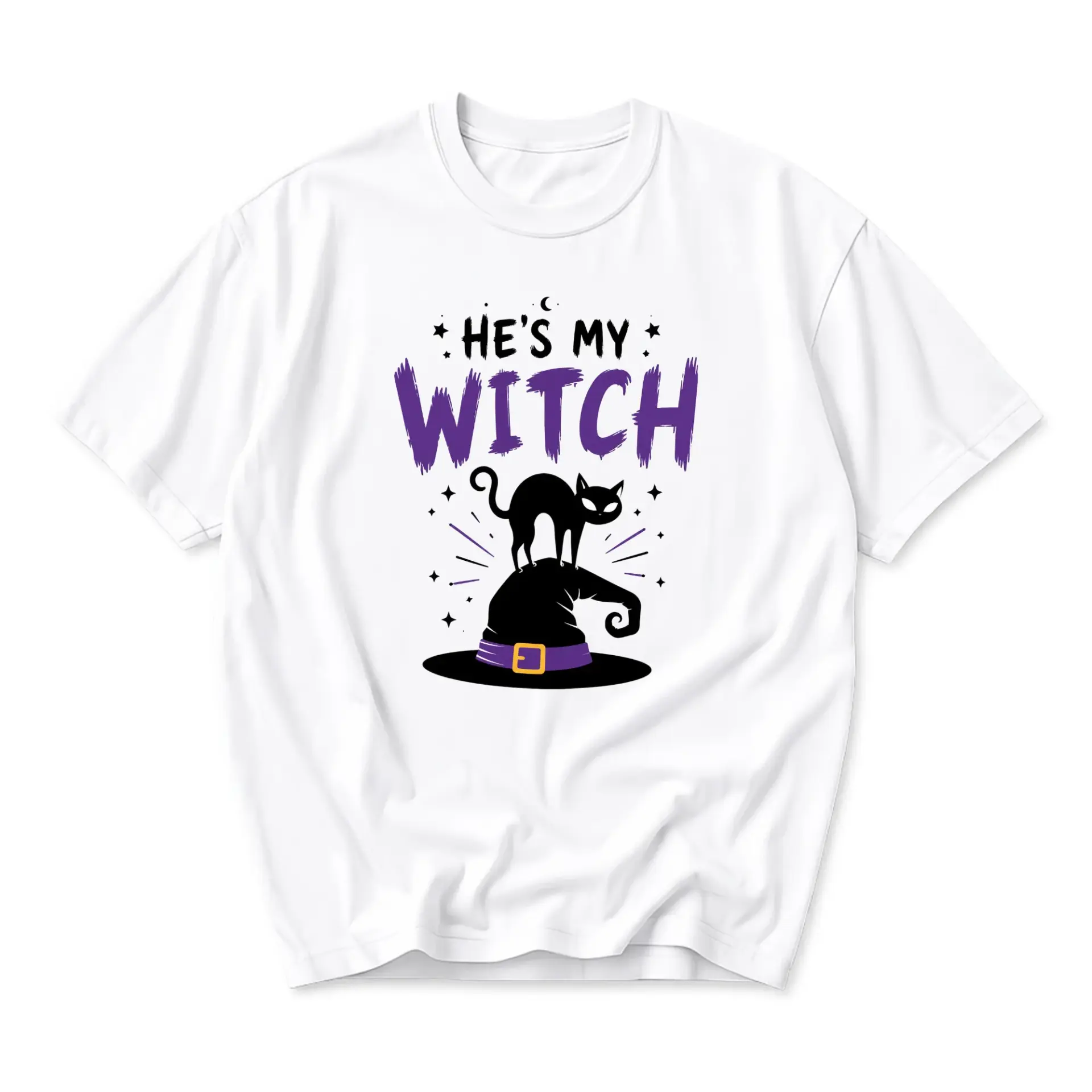Funny Shirt He Is My Witch Graphic Tee Unisex Casual Crew Neck Top for Halloween Seasonal Holidays Everyday Wear