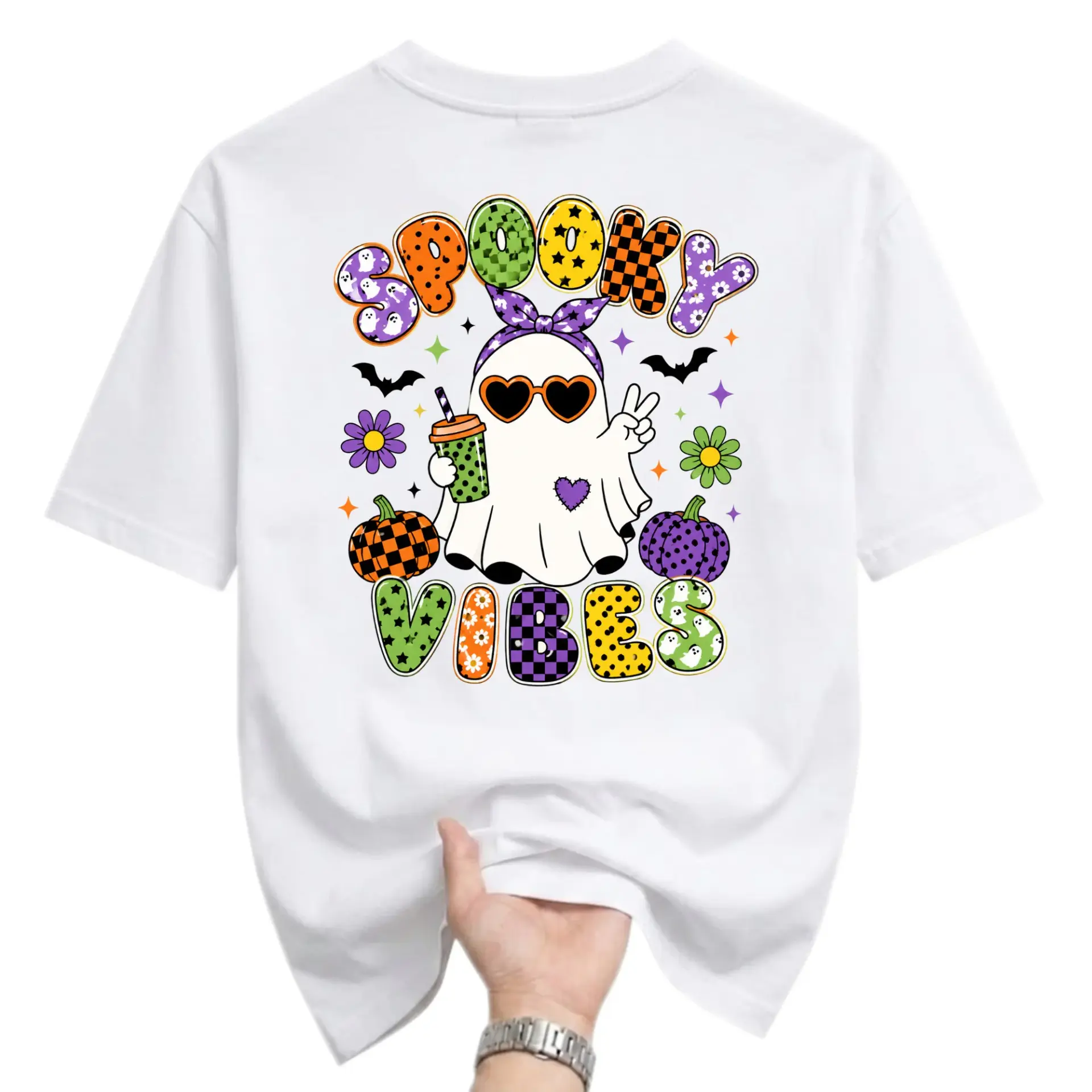 Graphic Tee Spooky Vibes Ghost T-Shirt Retro Aesthetic Fall Season Apparel Casual Unisex Crew Neck Short Sleeve Top