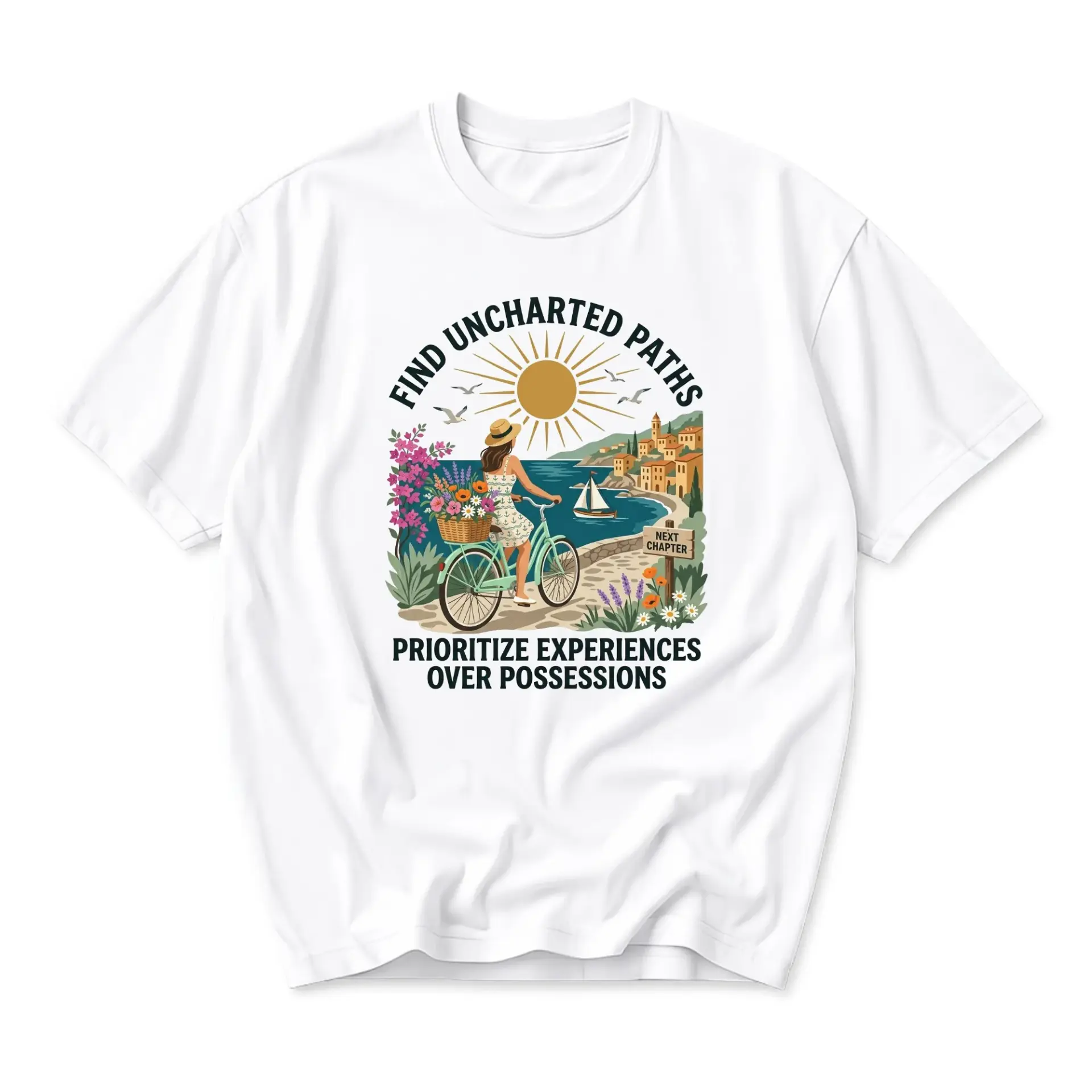Graphic Tee Find Uncharted Paths Unisex T-Shirt Nature Travel Quote Casual Apparel with Artistic Coastal Bike Illustration