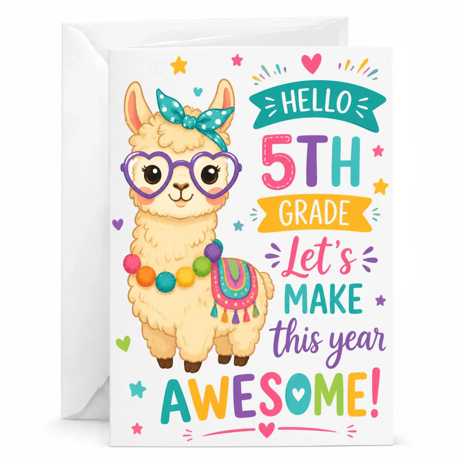 Greeting Card Llama Design First Day of Fifth Encouragement for Students Funny Motivational Note with Envelope