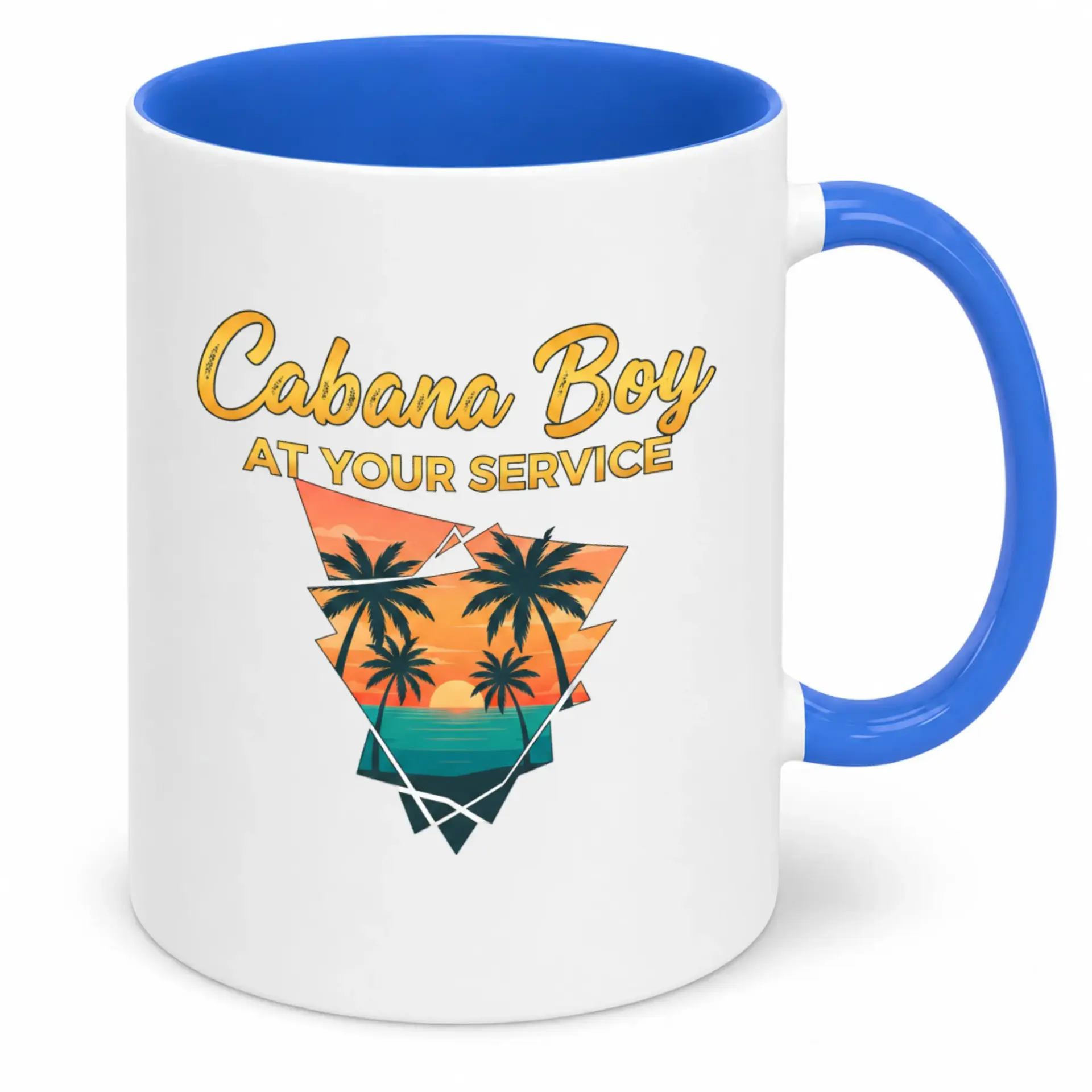 Funny Cabana Boy at Your Service Ceramic Coffee Mug, Tropical Sunset Palm Tree Beach Themed Drinkware, 11oz or 15oz White & Blue Mug