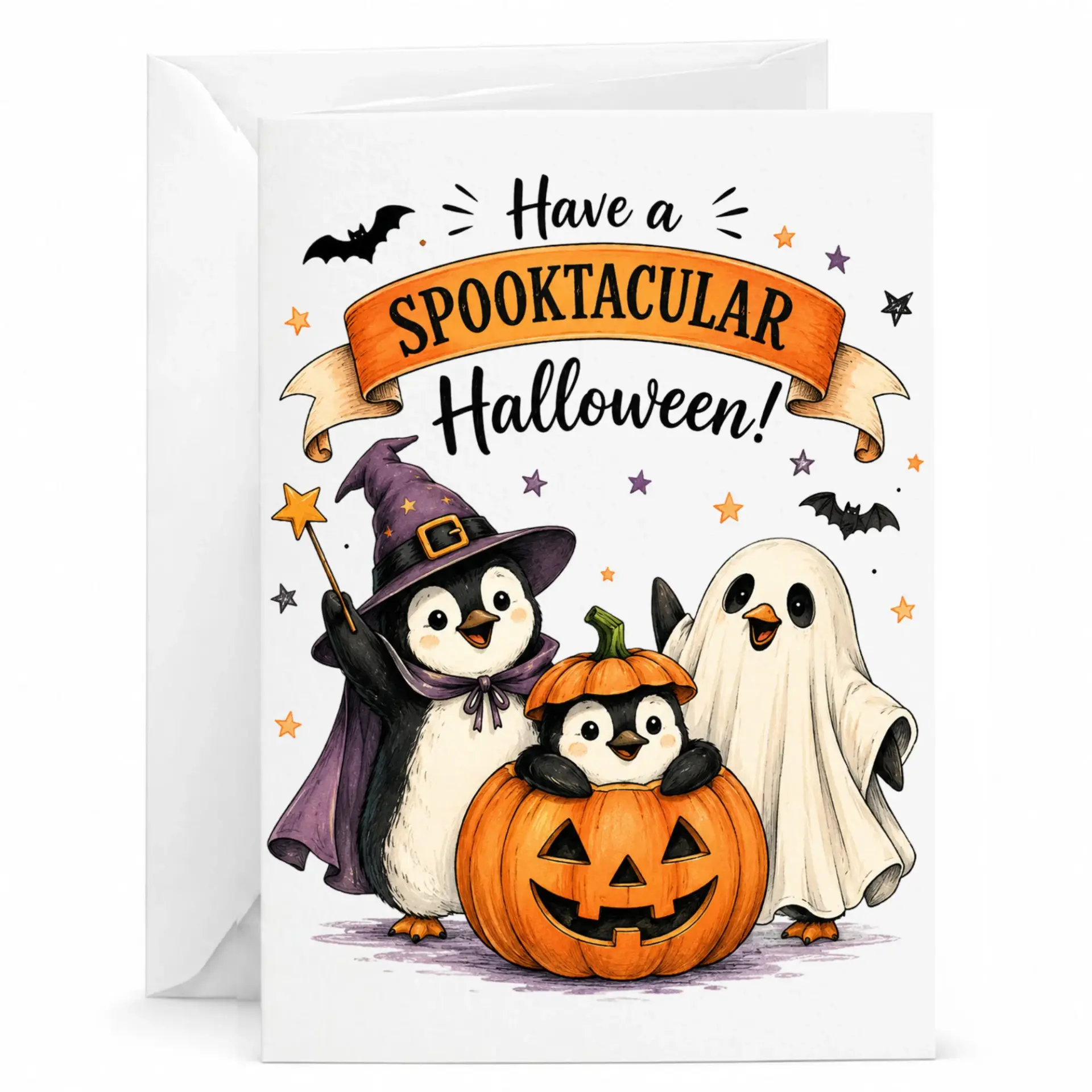Funny Halloween Greeting Card with Cute Penguins Dressed in Costume Spooktacular Seasonal Holiday Note for Friends