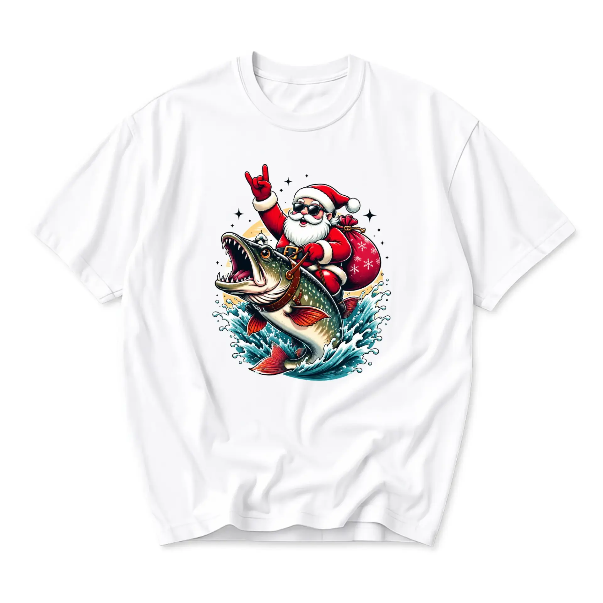 Funny Shirt Santa Claus Riding a Giant Fish Graphic Tee Cool Christmas