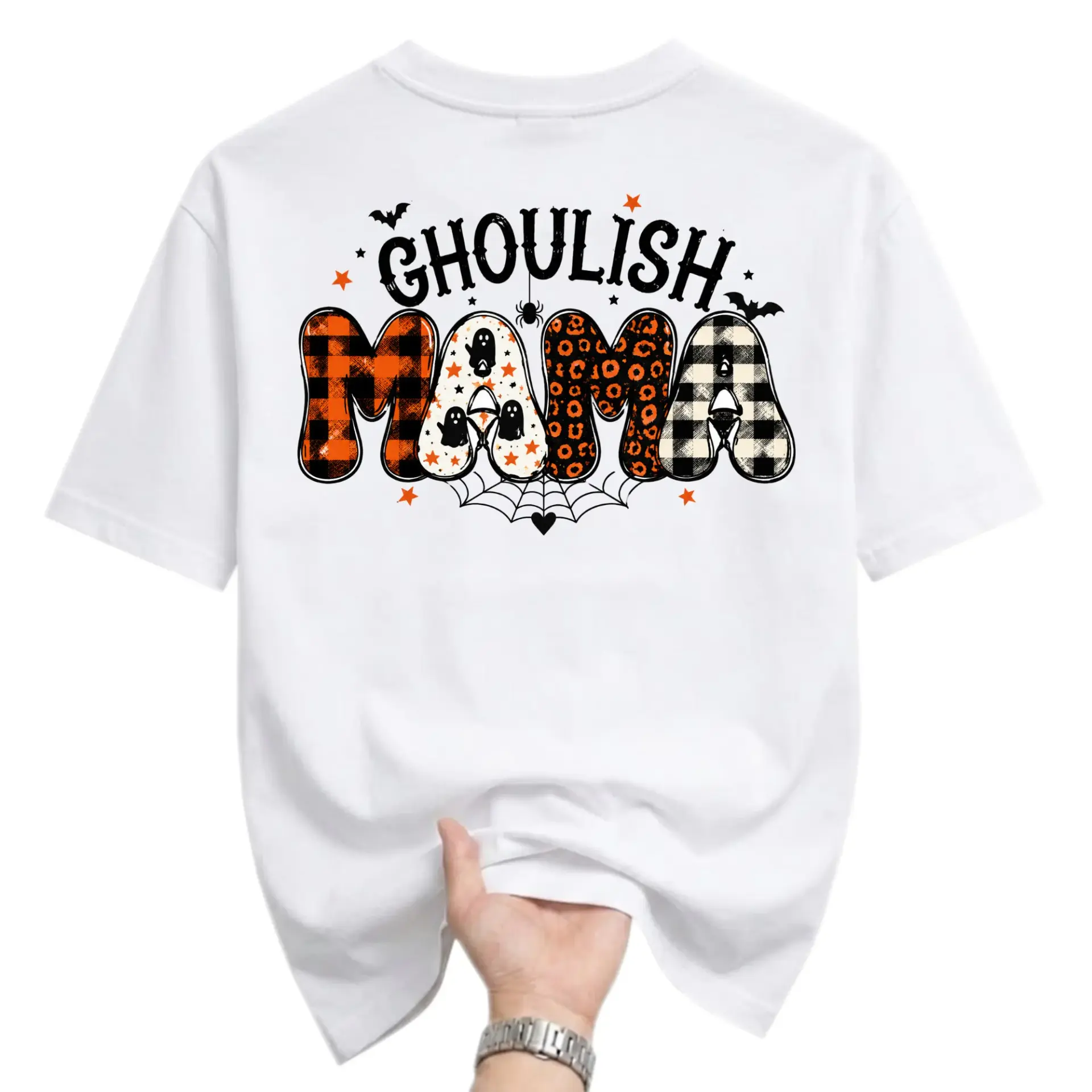 Graphic Tee Ghoulish Mama Halloween Spooky Ghost Buffalo Plaid Unisex Crew Neck Casual Everyday Short Sleeve Shirt