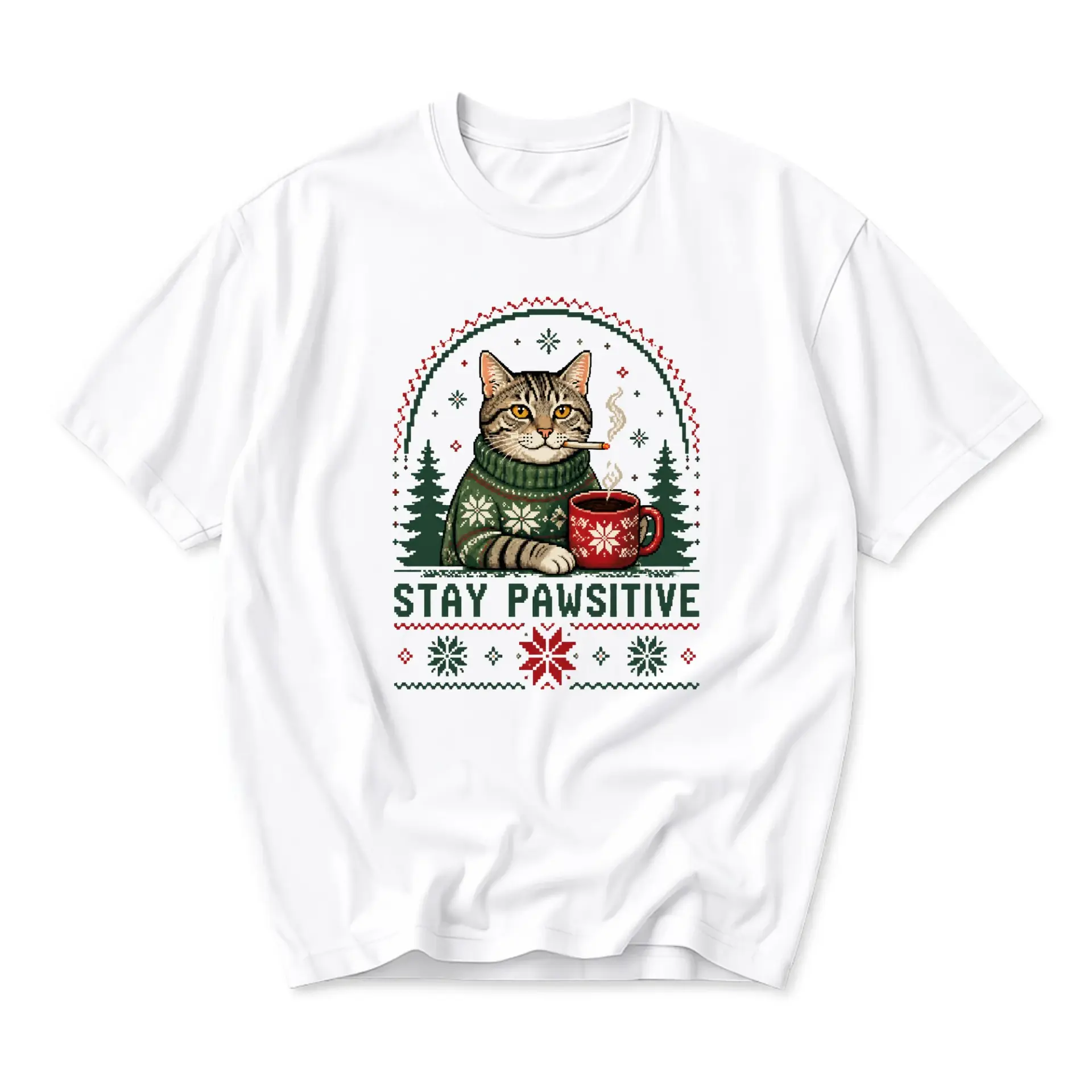 Funny Shirt Stay Pawsitive Cat Graphic Tee Featuring Festive Holiday