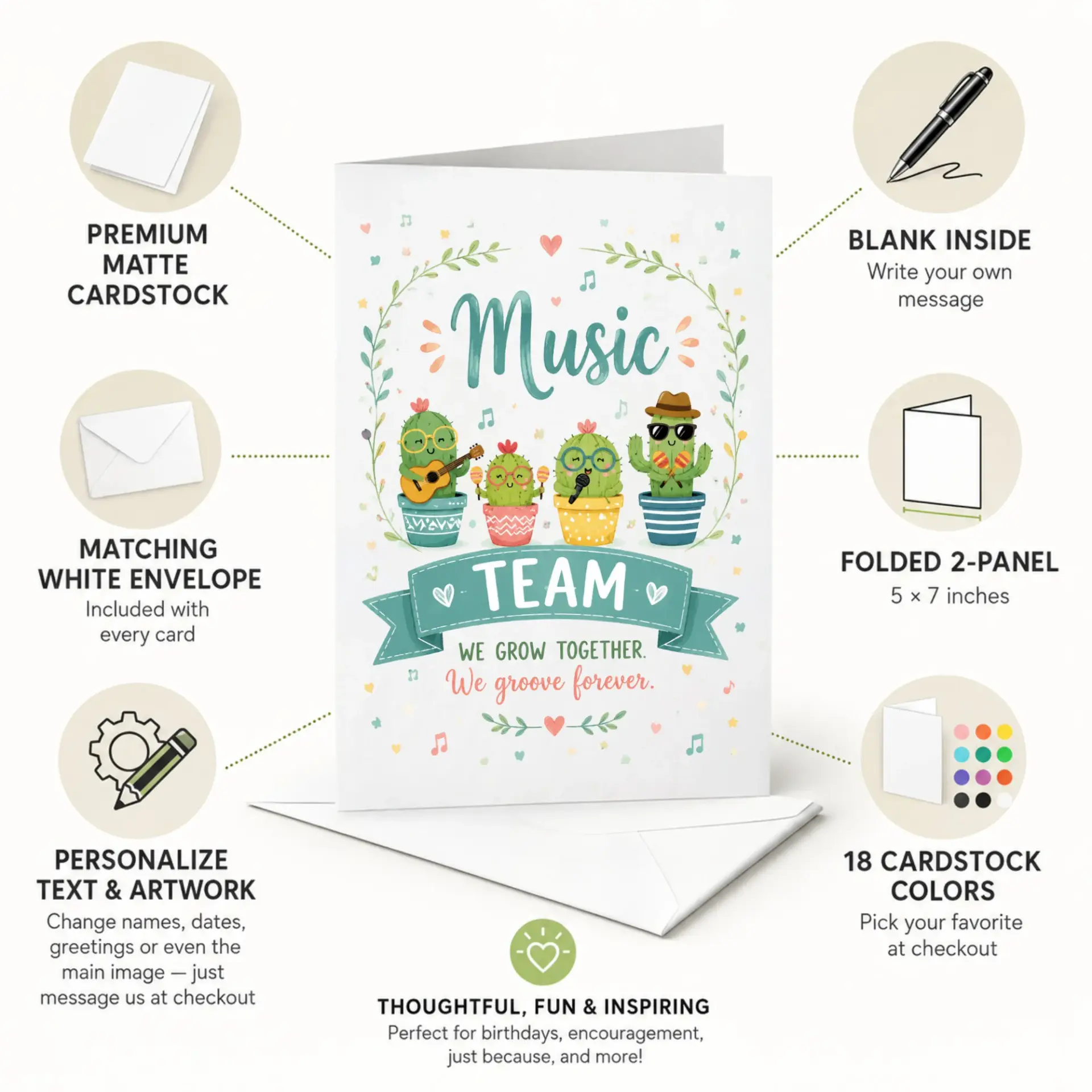 Funny Music Team Greeting Card with Envelope Band Illustration for Musicians and Friends 5x7 Inches Folded