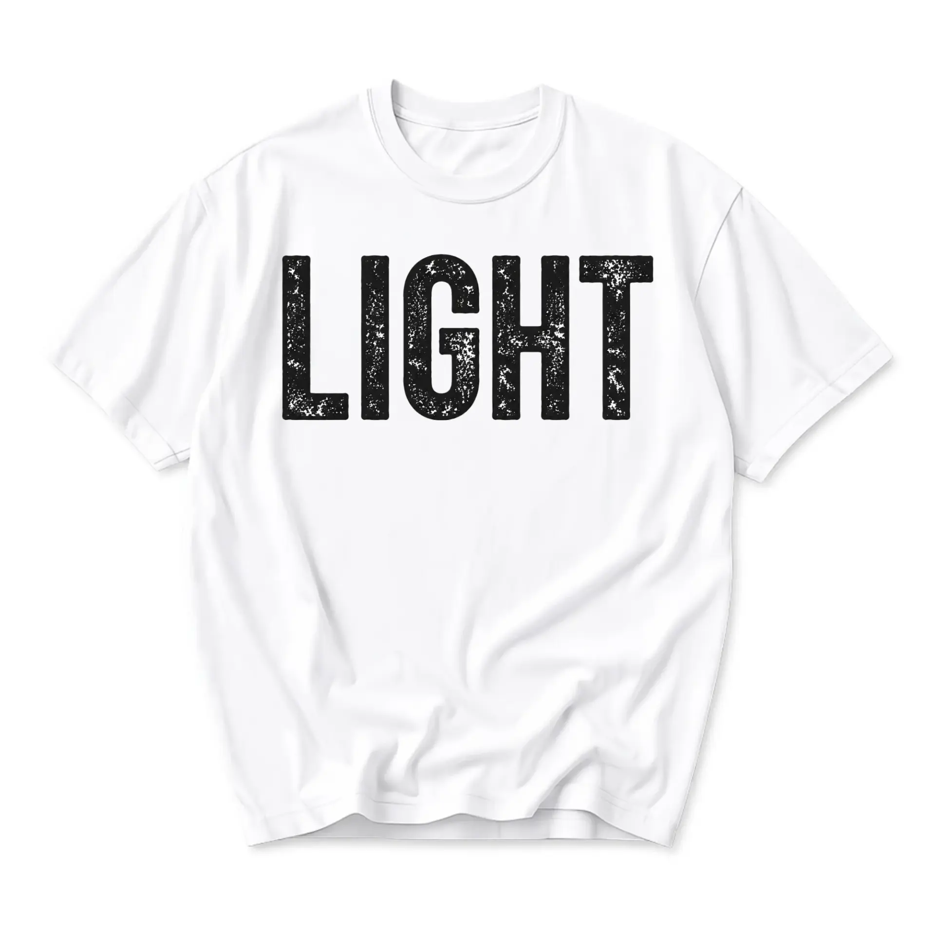 Graphic Tee Unisex Crew Neck Short Sleeve Shirt Featuring Distressed Light Text Design for Casual Everyday Wear