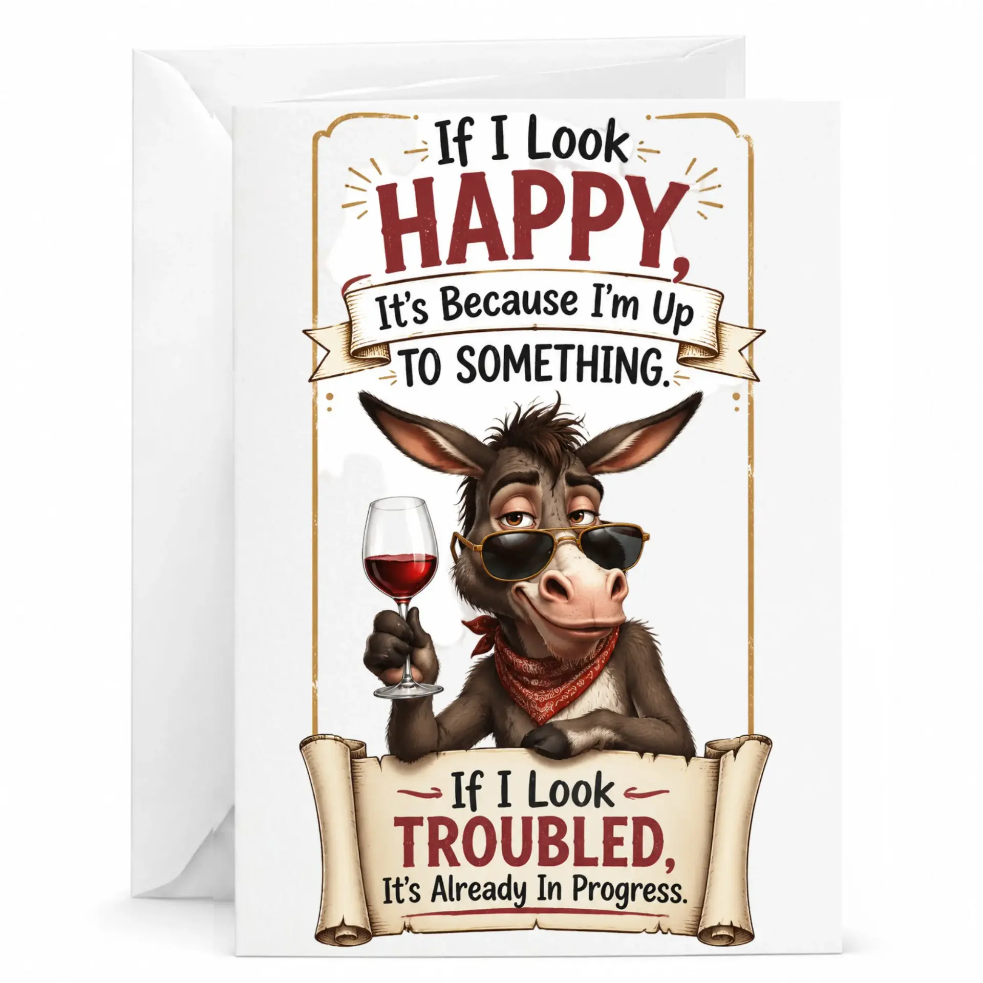 Funny Donkey Greeting Card with Envelope Humorous Wine Drinking Animal Birthday and Congratulations