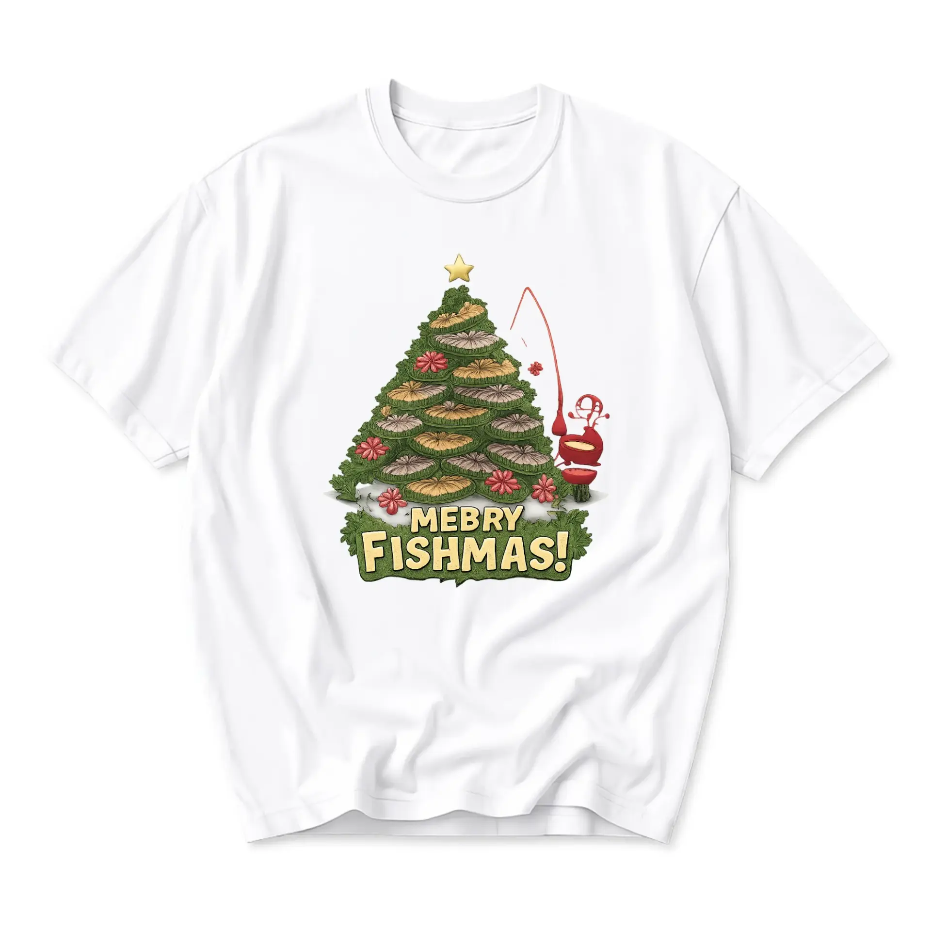 Funny Shirt Mebry Fishmas Graphic Tee Holiday Fishing Themed Unisex Casual