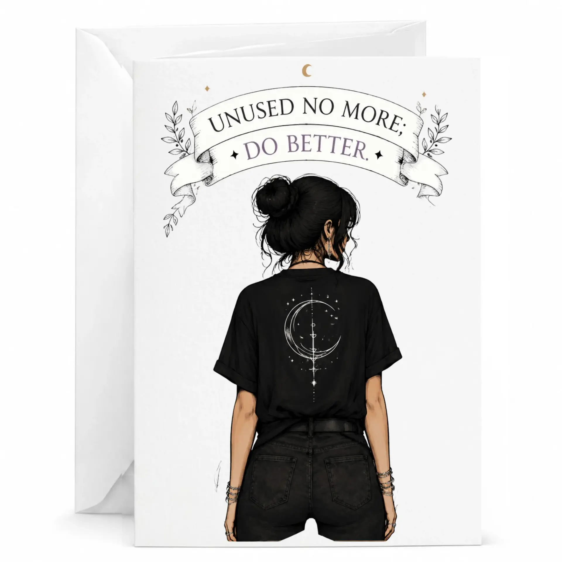 Greeting Card Unused No More Do Better Celestial Aesthetic Illustration with Woman in Black Shirt and Moon Graphic