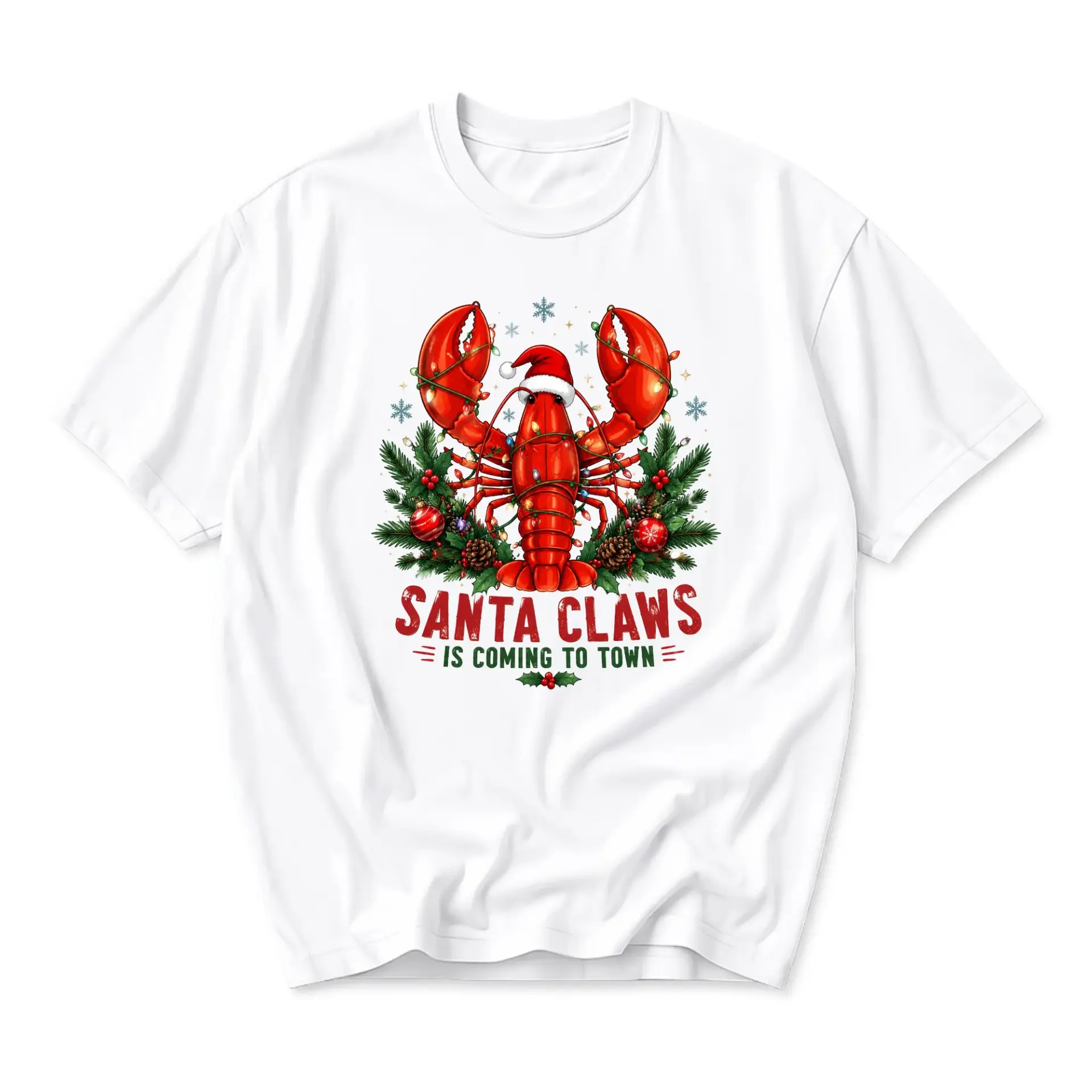 Funny Shirt Santa Claws Is Coming to Town Graphic Tee Holiday Lobster Print Casual Unisex Cotton Crew Neck Top