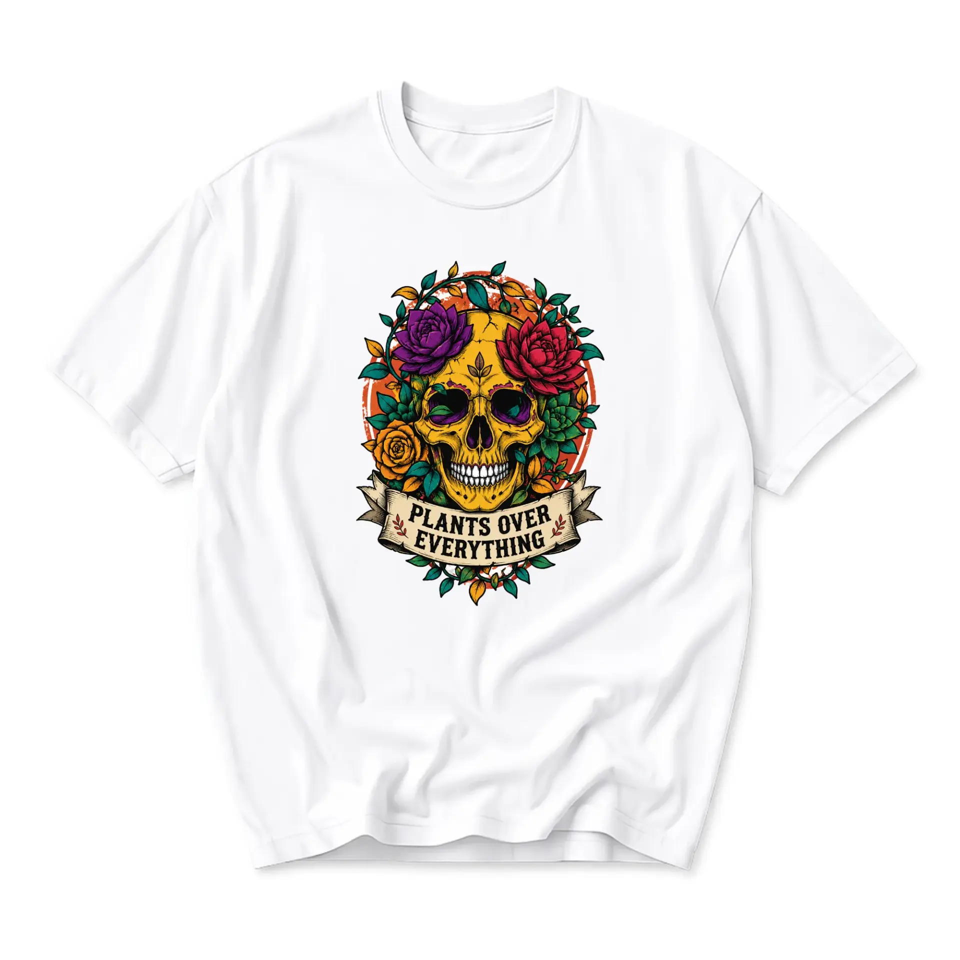 Graphic Tee Plants over Everything Skull Design Casual Unisex Crew Neck T-Shirt for Botanical Enthusiast Outfits