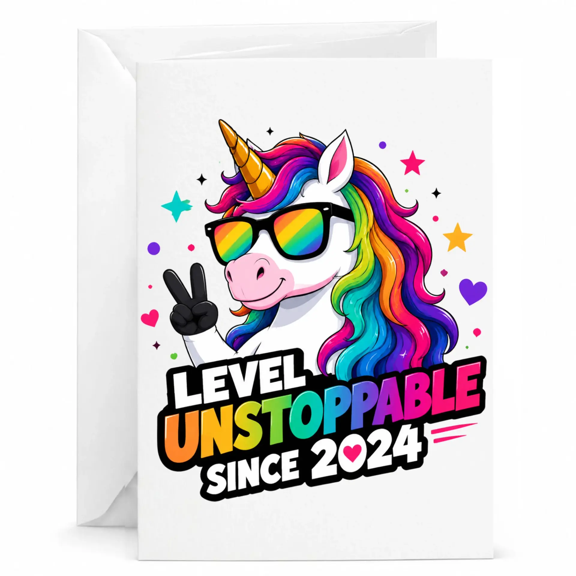 Funny Greeting Card Level Unstoppable Since 2024 Design Featuring Cool Rainbow Unicorn Graphic for Milestone Celebration