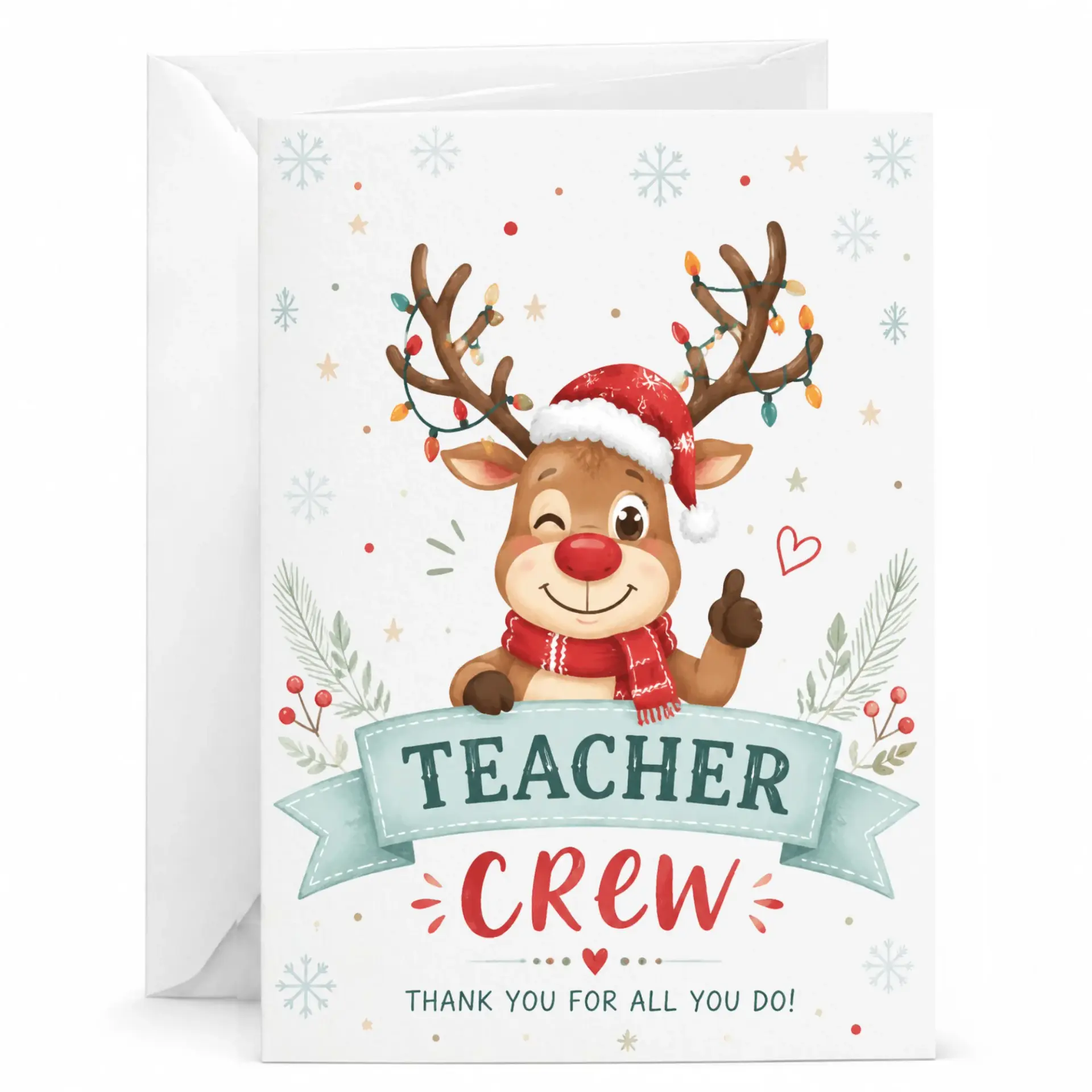 Thank You Card Teacher Crew Reindeer Illustration Holiday Greeting Card for Educators and Staff Professional Appreciation