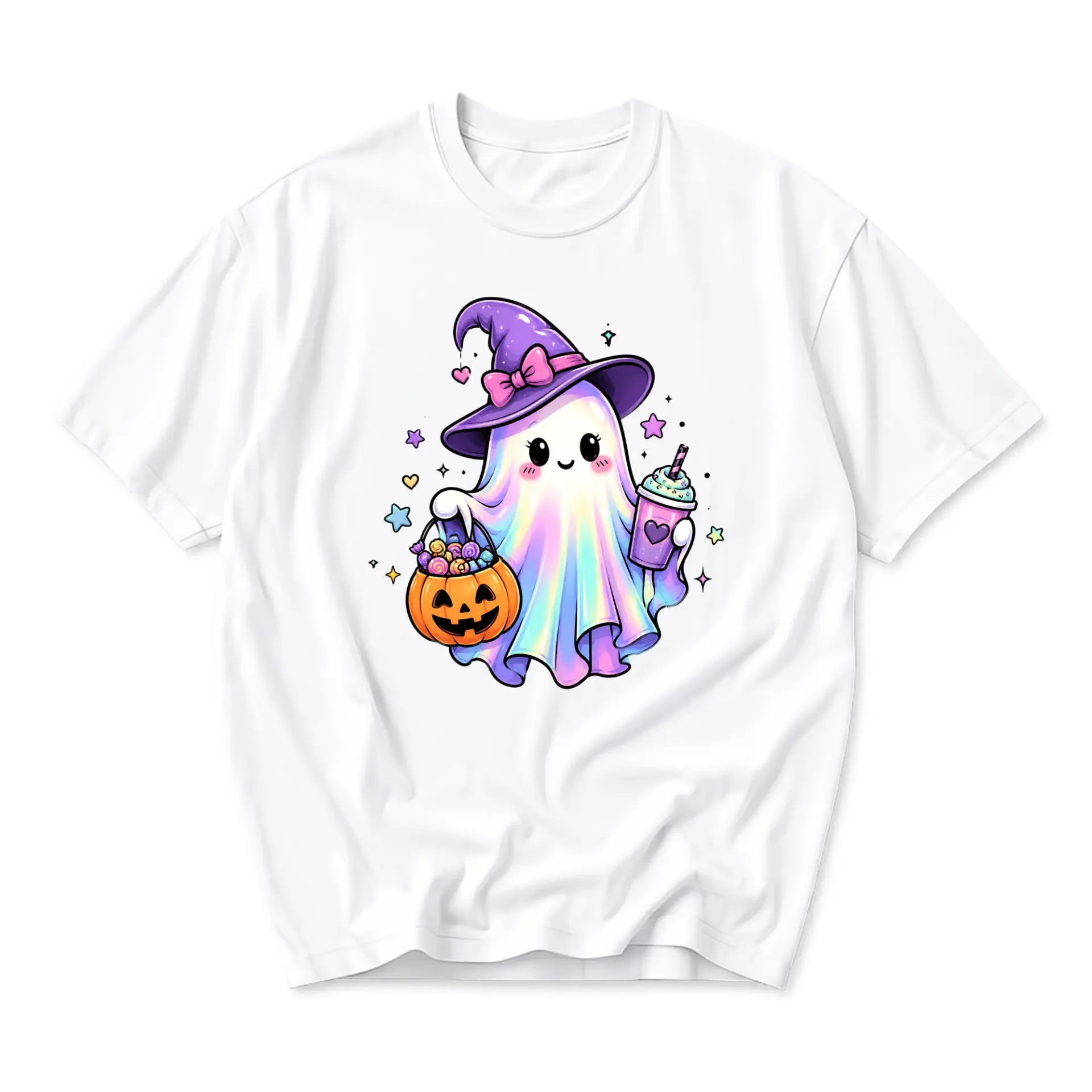 Graphic Tee Cute Pastel Ghost Wearing Witch Hat with Pumpkin Bucket and Drink Unisex Casual Cotton Crew Neck Shirt