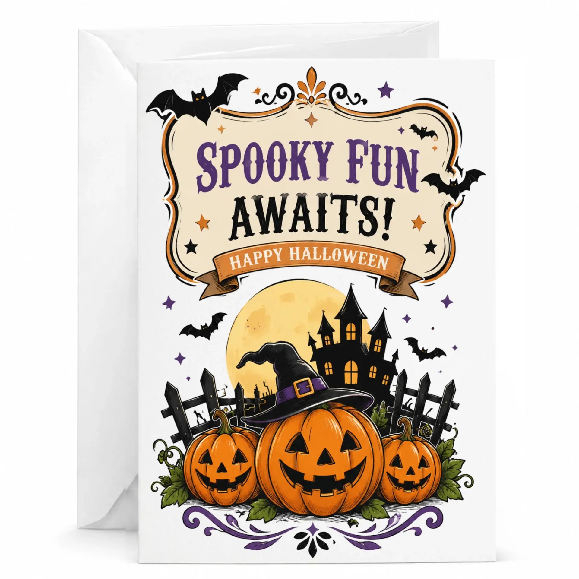 Greeting Card Spooky Fun Awaits Happy Halloween Design with Festive Pumpkins and Haunted House Illustration