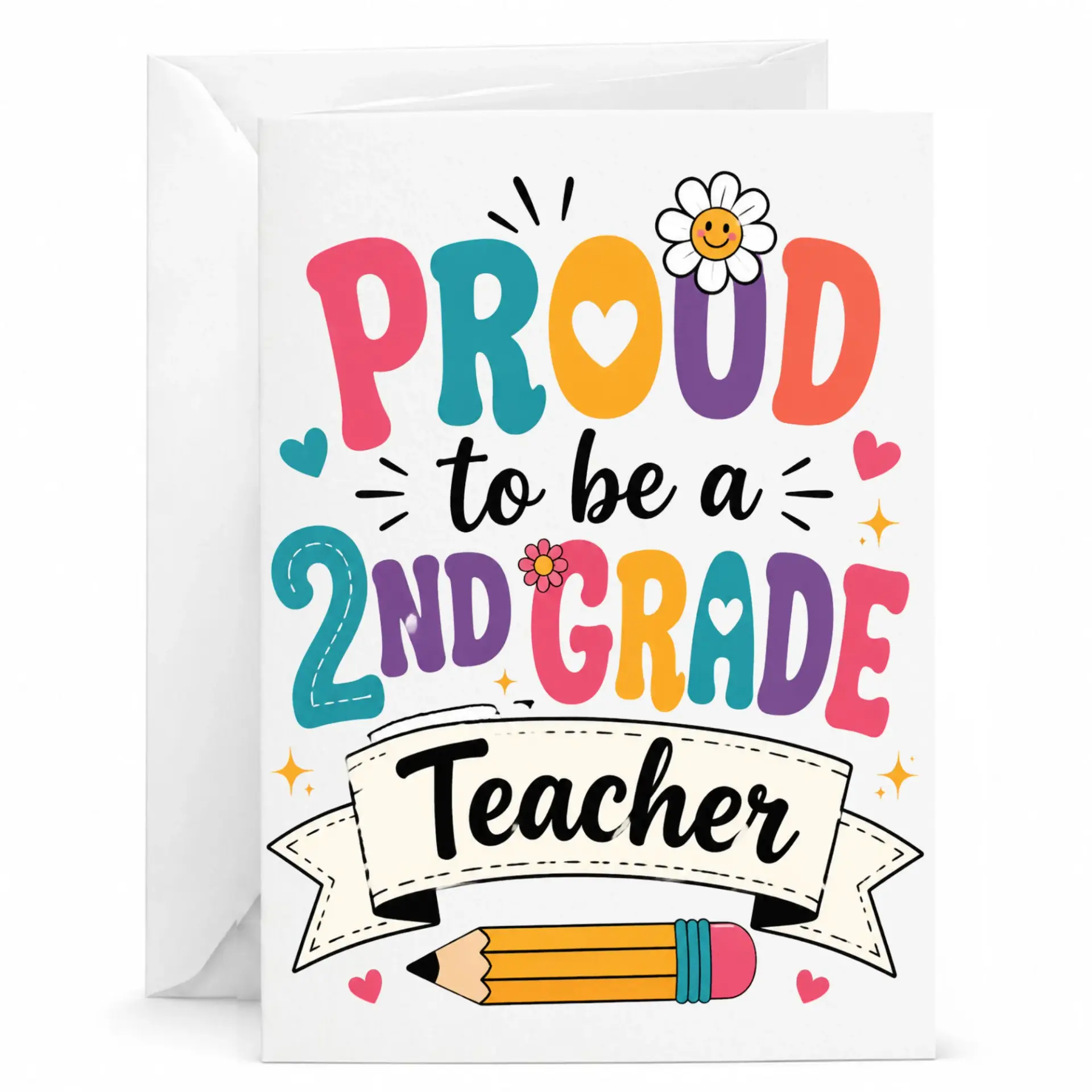 Card for Educators Proud to Be a 2nd Teacher Greeting with Envelope Retro Style Design