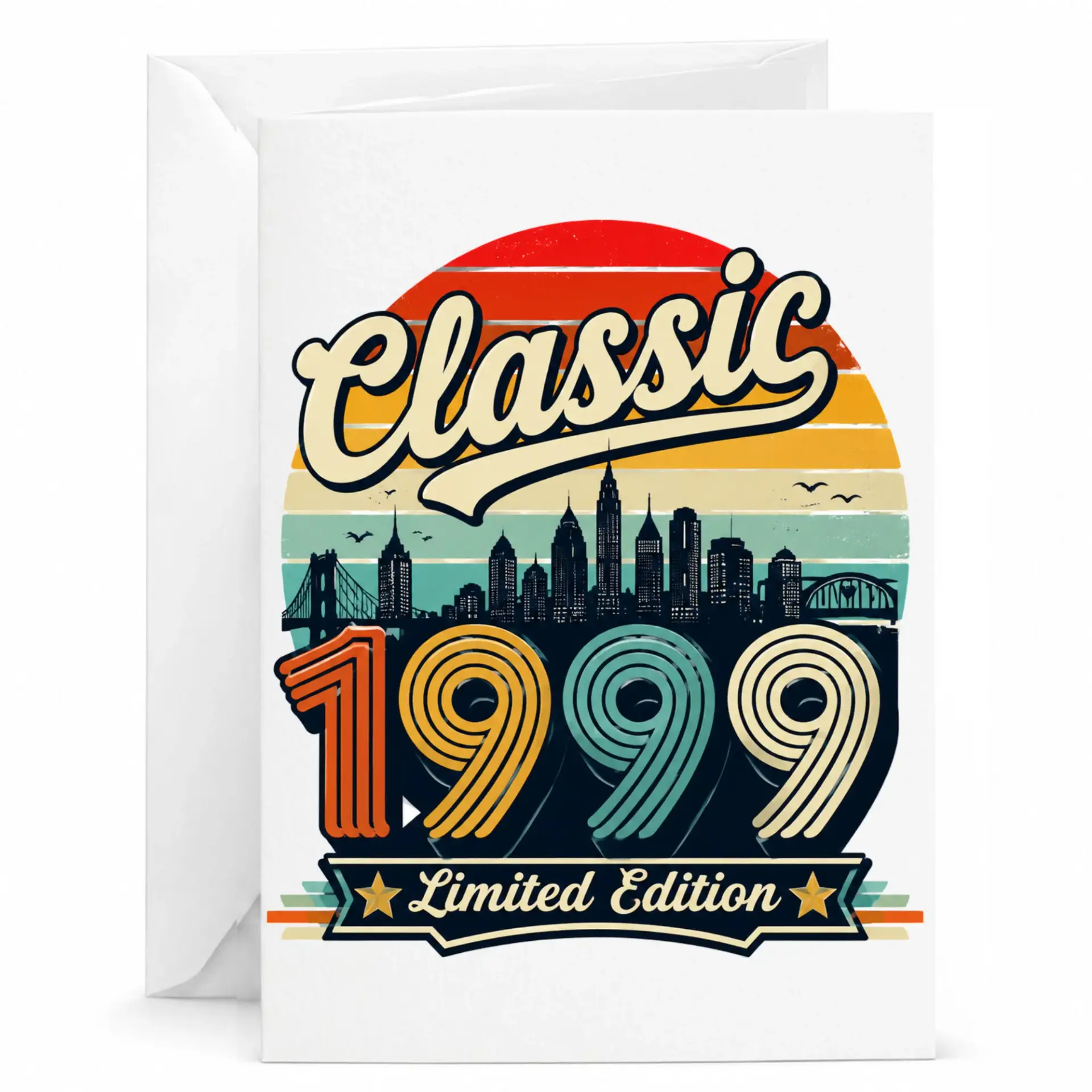 Birthday Card Classic 1999 Limited Edition Vintage Retro Style Skyline Graphic Folded Greeting Card with White Envelope