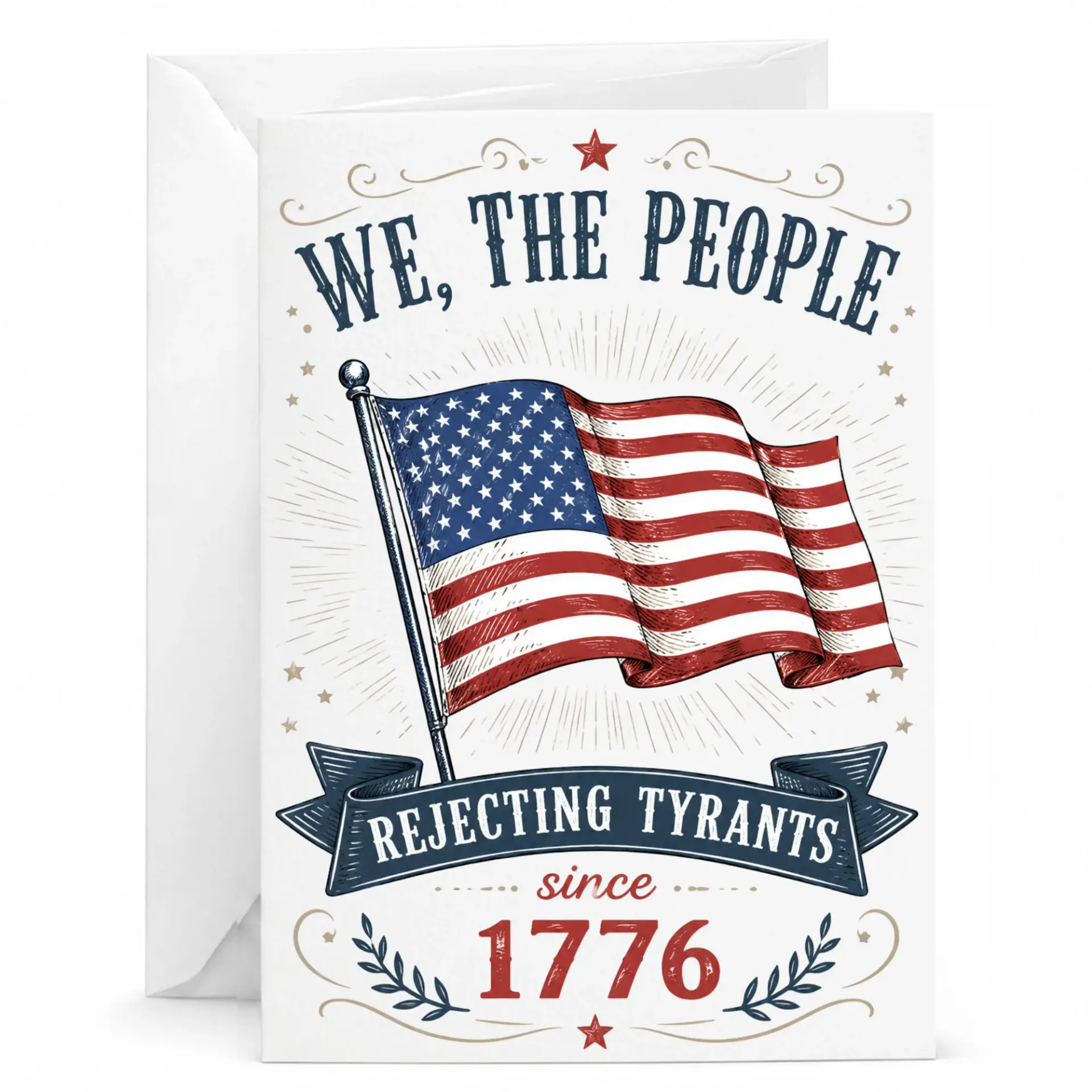 Patriotic Greeting Card We the People Design Featuring American Flag Illustration and Historical Decorative Text