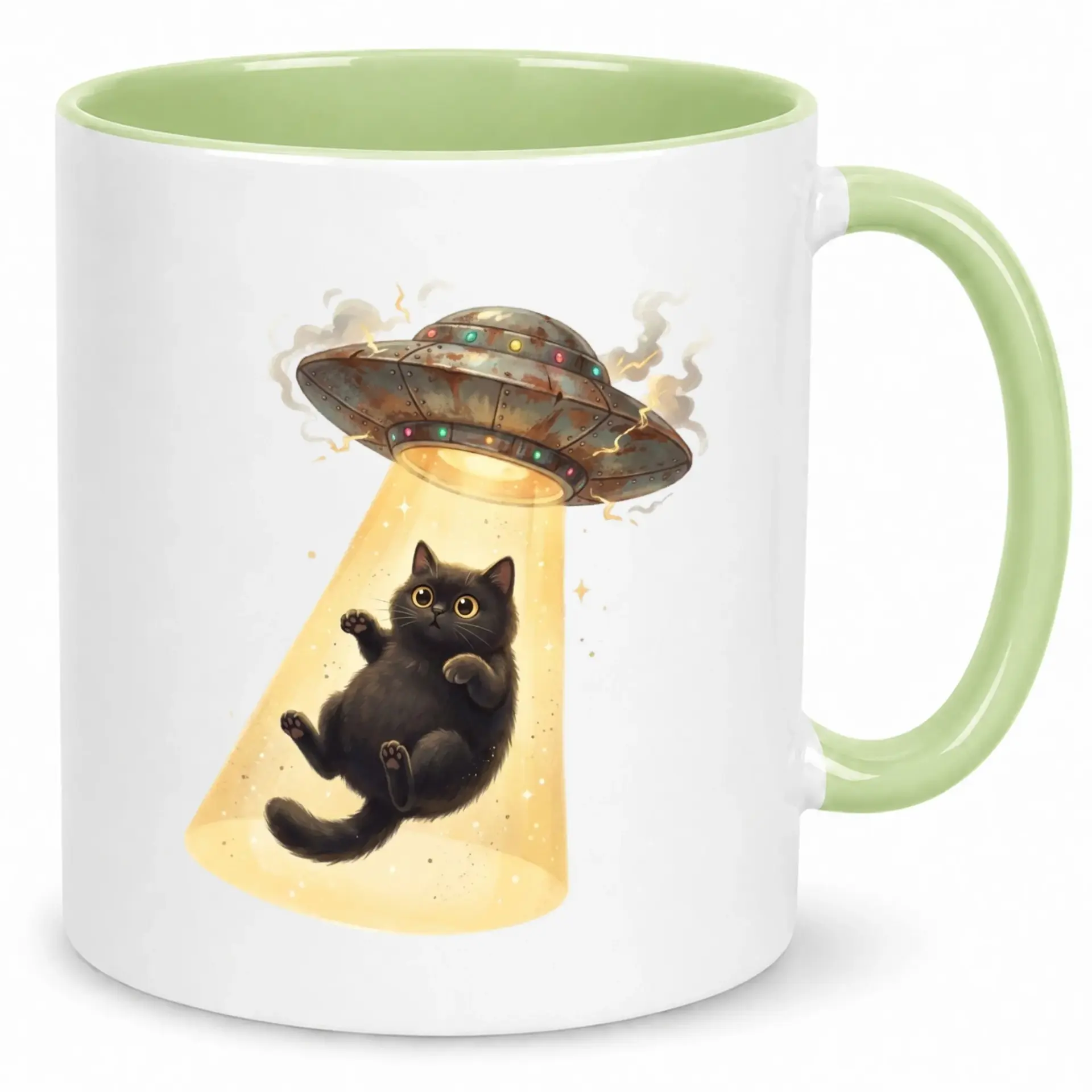Funny Alien Abduction Cat Ceramic Coffee Mug with Green Handle - Whimsical Sci-Fi Animal Beverage Cup for Home & Office