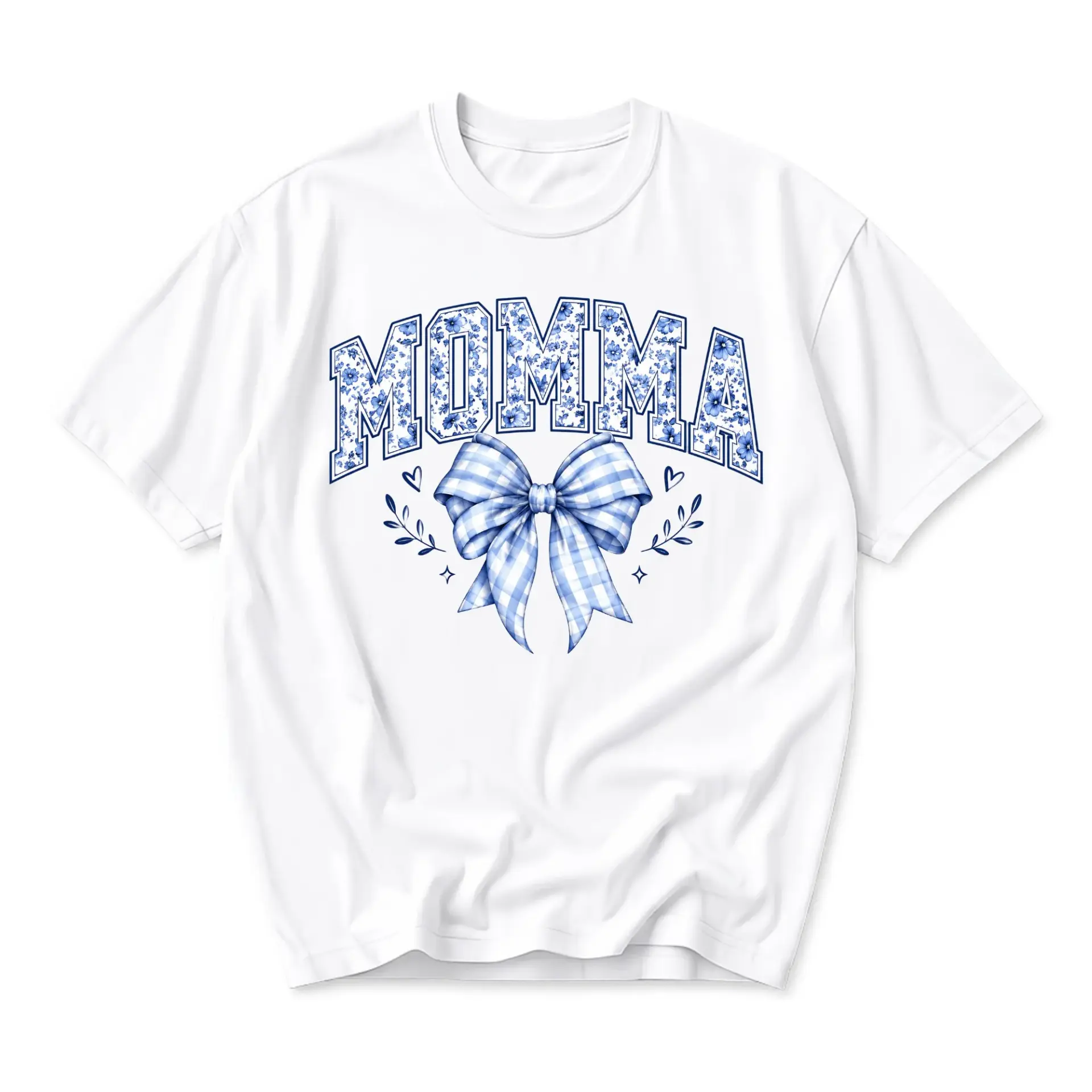 Graphic Tee Momma Floral Letter Blue Gingham Bow Design Unisex Crew Neck Everyday Casual Soft Cotton Shirt