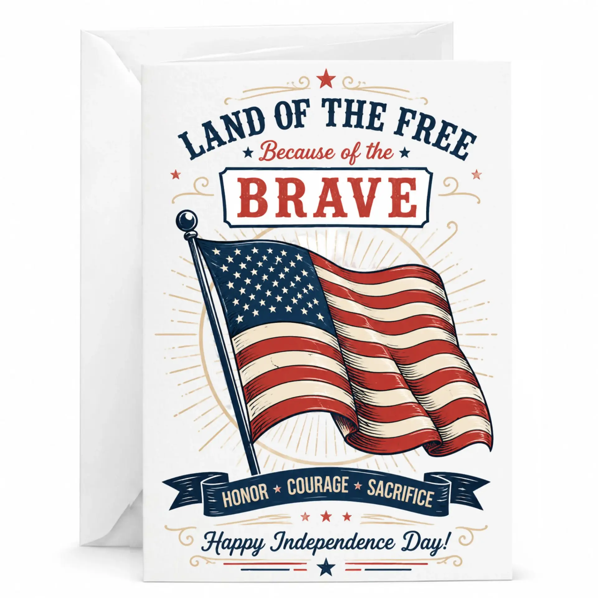 Patriotic Greeting Card Land of the Because of Brave Design for Independence Day and Memorial Celebrations
