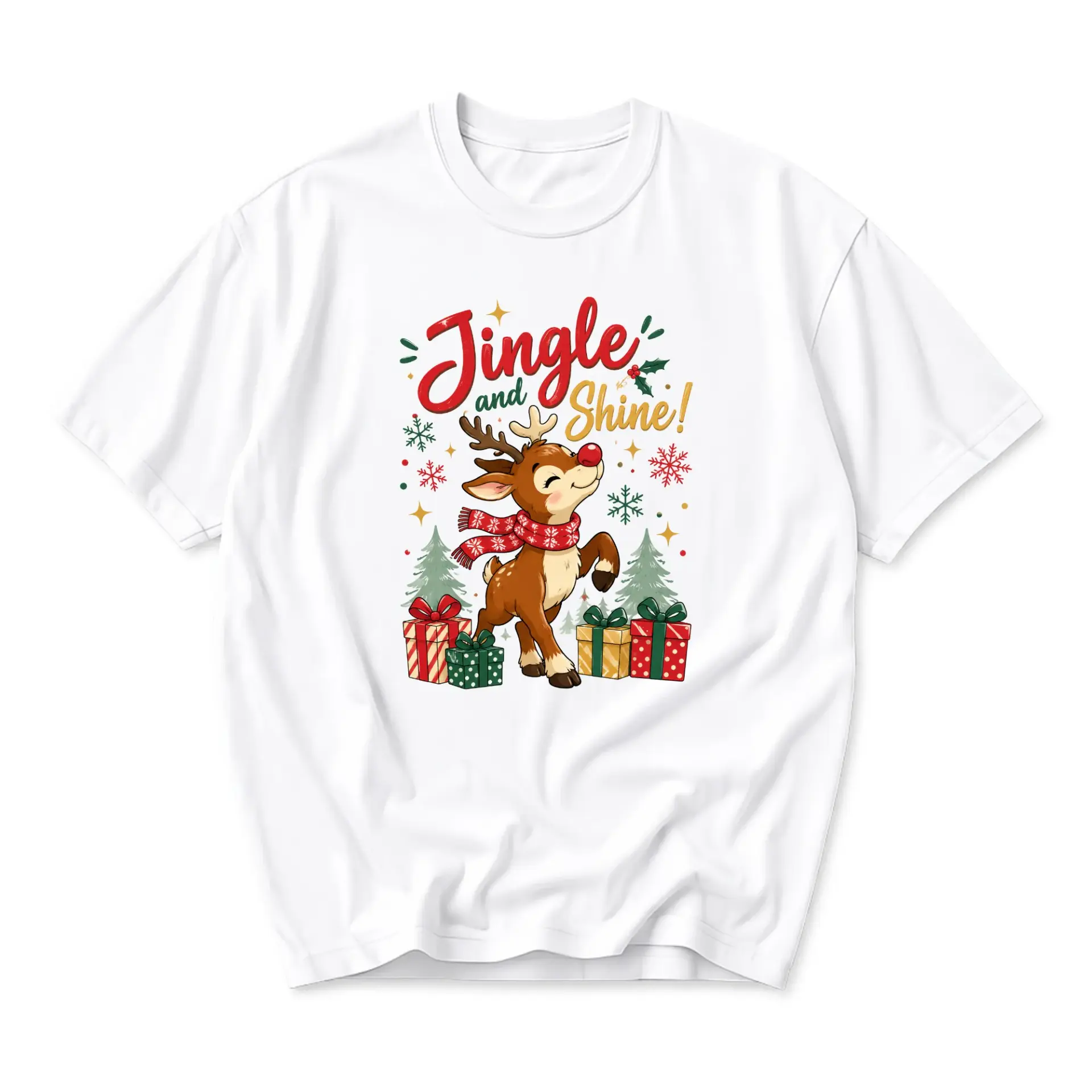 Funny Shirt Jingle and Shine Cute Reindeer Graphic Tee Holiday Celebration Crew Neck Casual Unisex Cotton Top