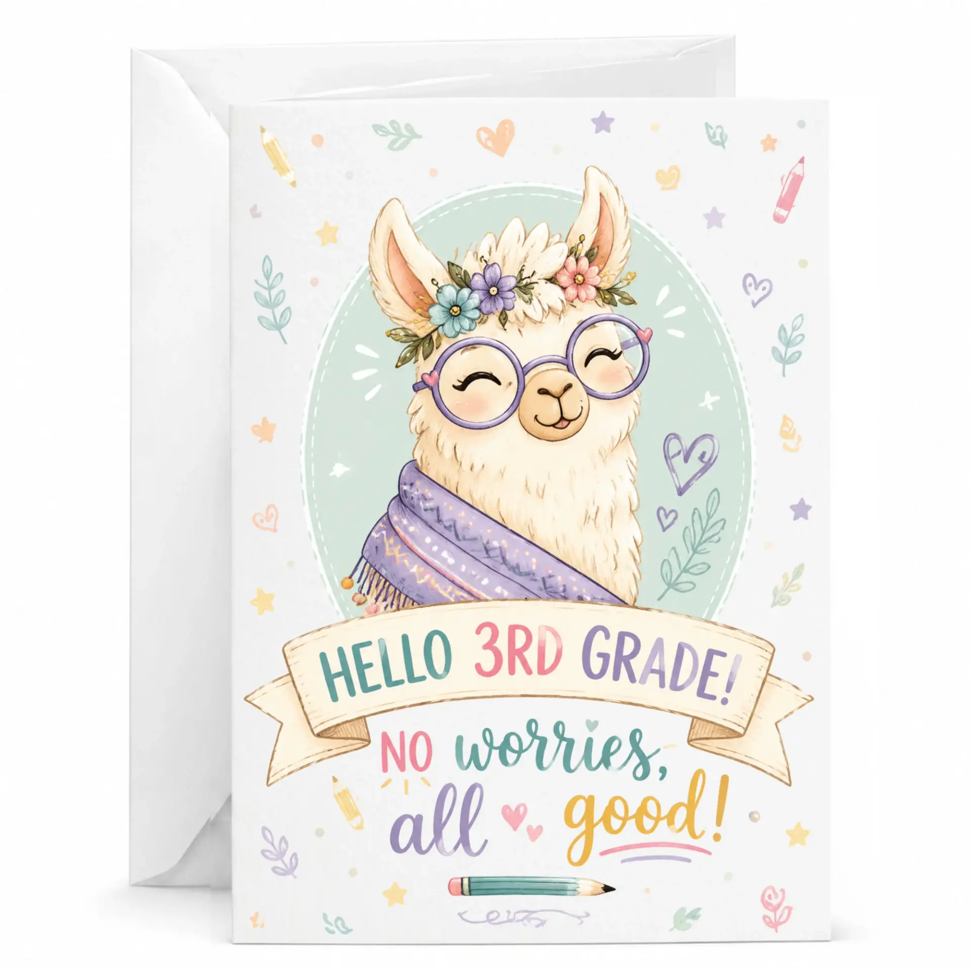 Greeting Card Hello 3rd Funny Llama Design Encouragement for Students Cute Floral Glasses Artwork
