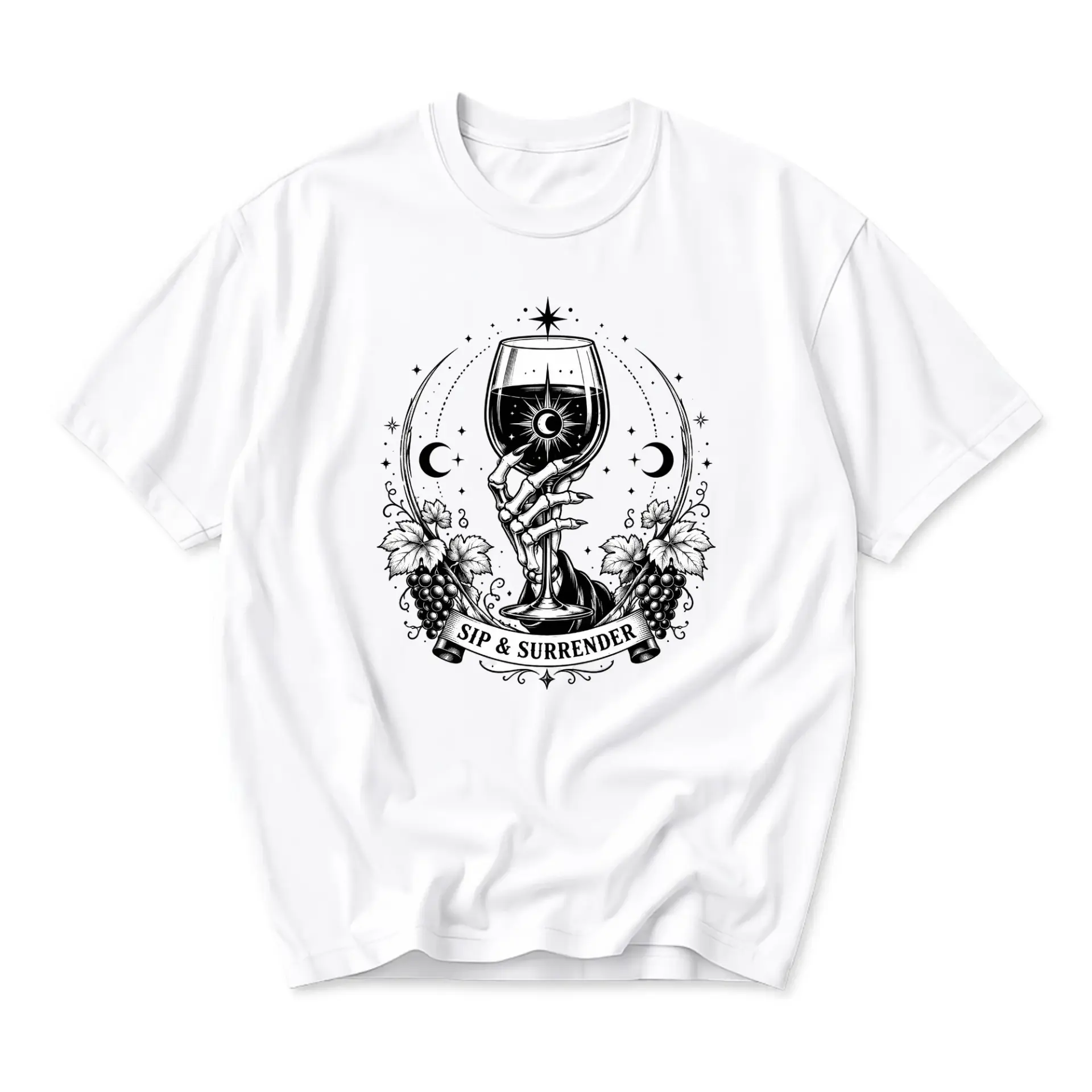 Graphic Tee Sip and Surrender Skeleton Hand Holding Wine Glass Occult Celestial Aesthetic Unisex Crew Neck T-Shirt