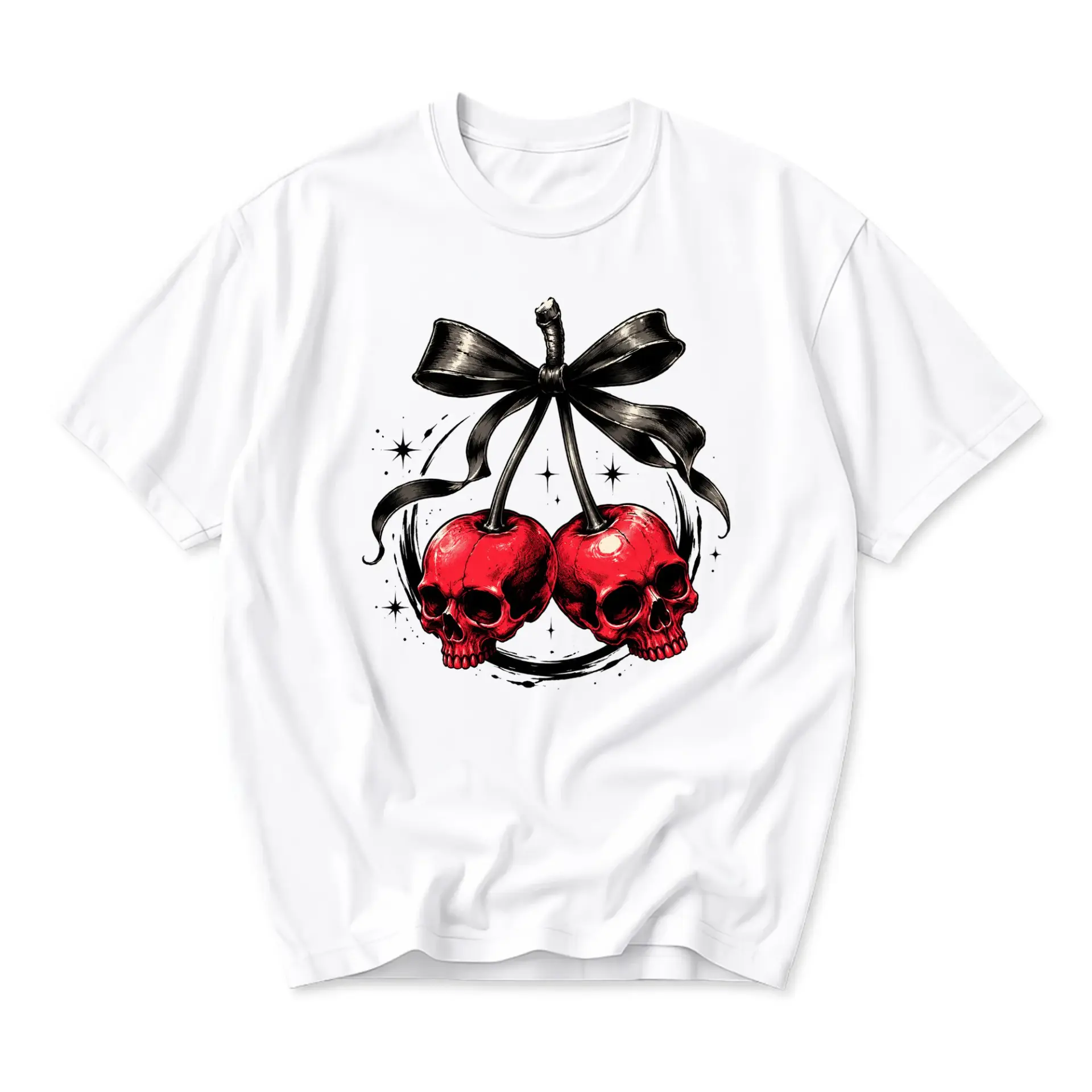 Graphic Tee Unisex Crew Neck T-Shirt Featuring Red Skull Cherry Illustration with Black Bow Design for Casual Wear