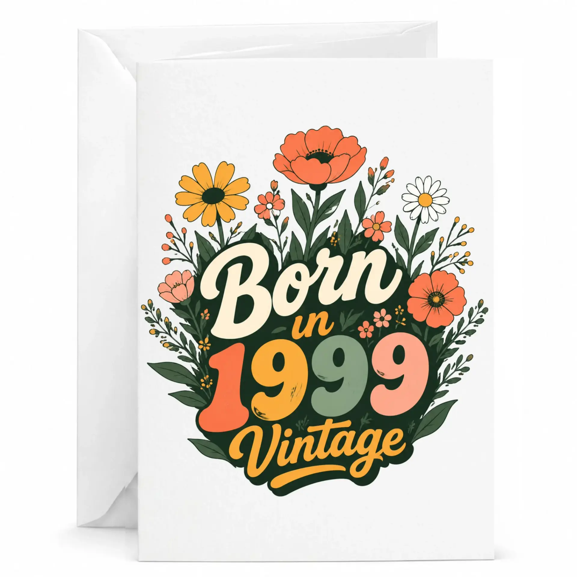 Birthday Card Born in 1999 Vintage Floral Greeting Card with Envelope, Retro Flower Anniversary Celebration Note
