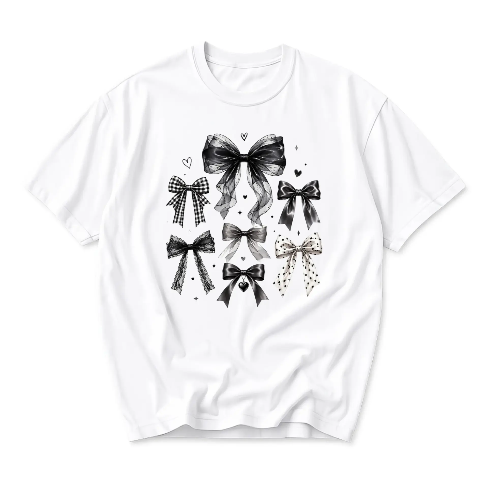 Graphic Tee Unisex Bow Pattern Shirt Aesthetic Ribbon Print Casual Top White Crew Neck Fashion Apparel for Everyone