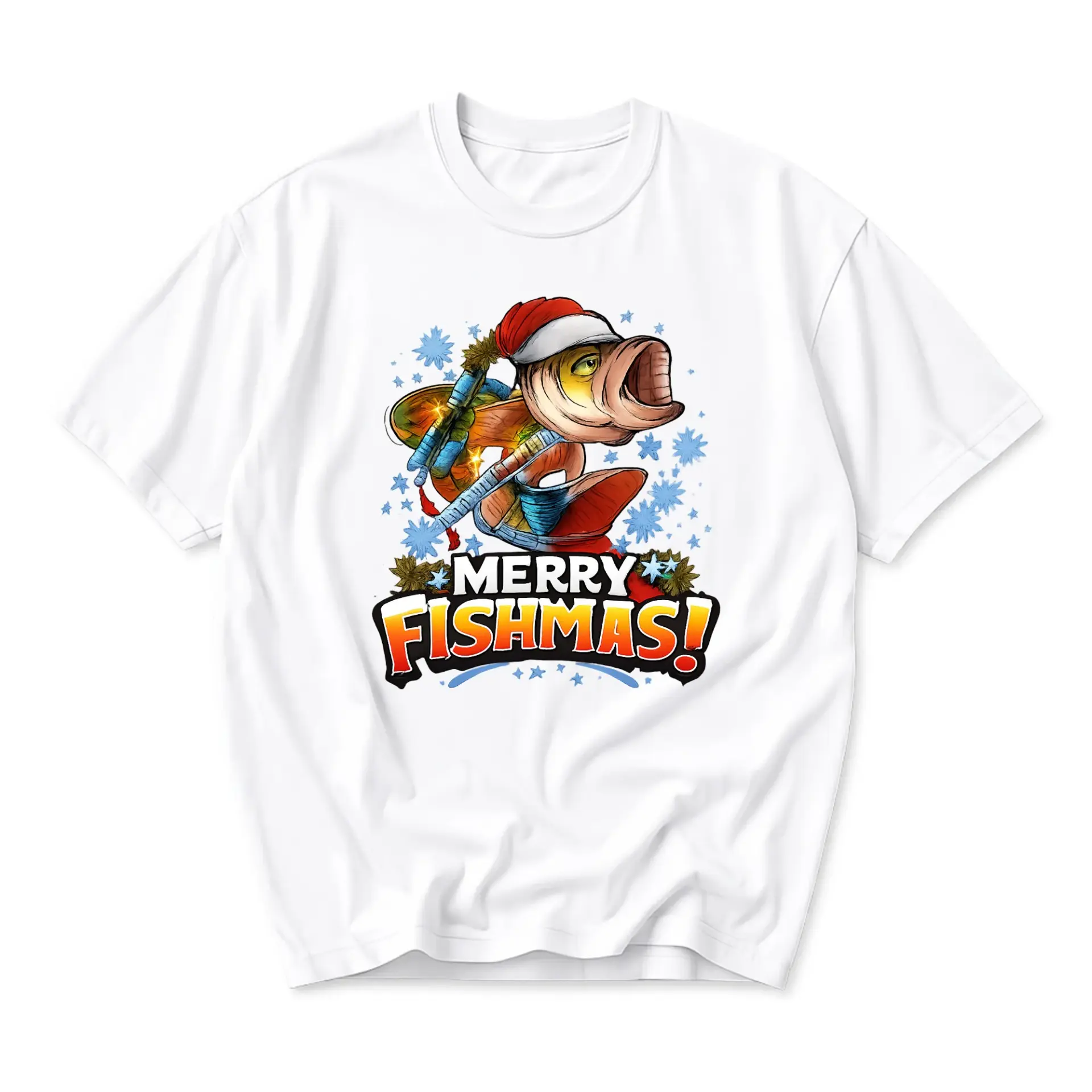 Funny Shirt Merry Fishmas Holiday Fishing Unisex Graphic Tee Casual Short