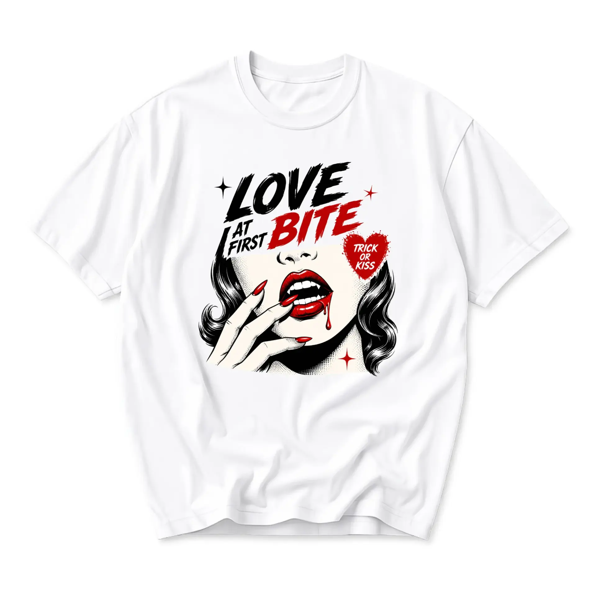 Funny Shirt Love at First Bite Graphic Tee Vampire Themed Unisex Crew Neck Casual Cotton Blend Apparel for Everyday