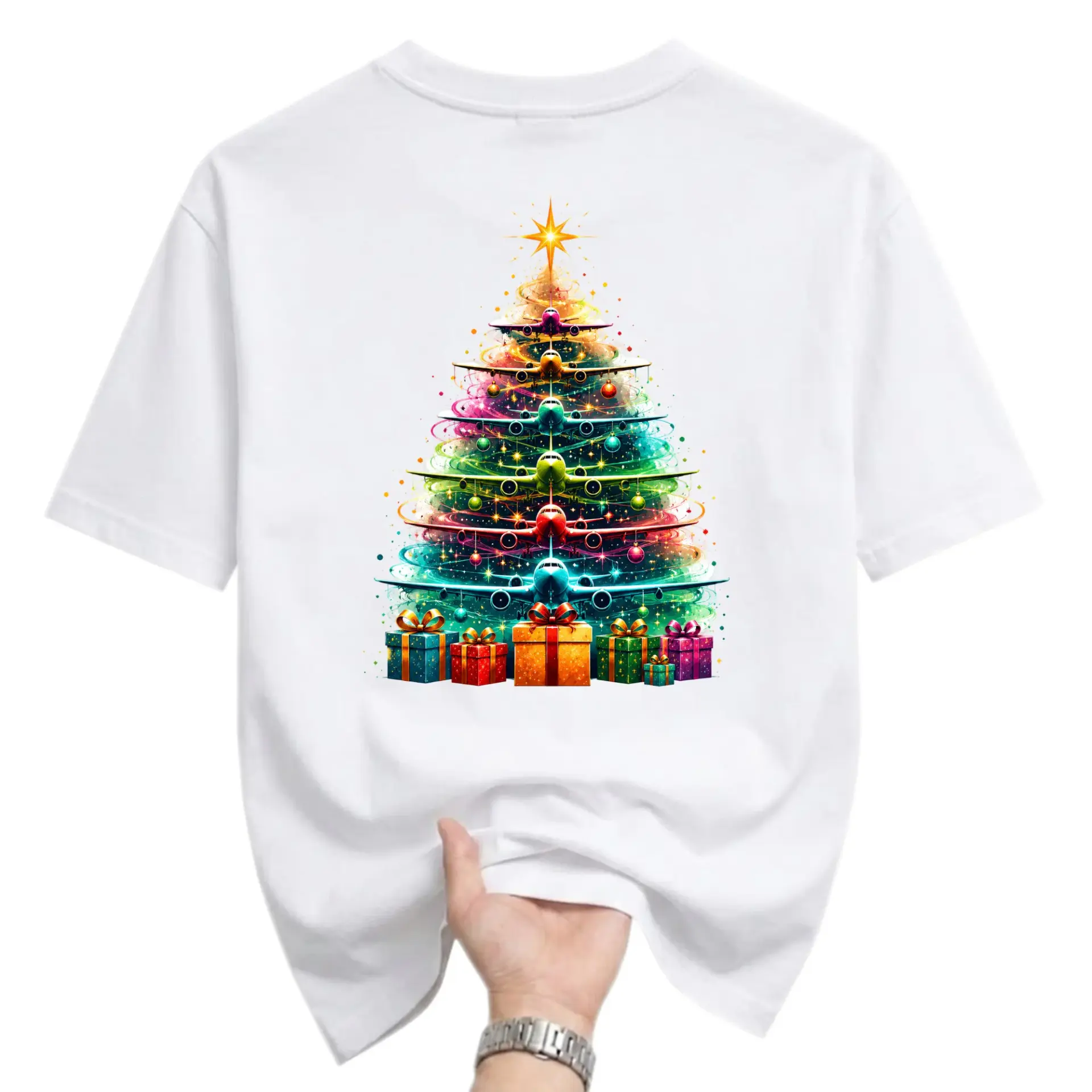 Graphic Tee Unisex Holiday Airplane Christmas Tree Shirt Aviation Themed Festive Apparel for Casual Everyday Wear