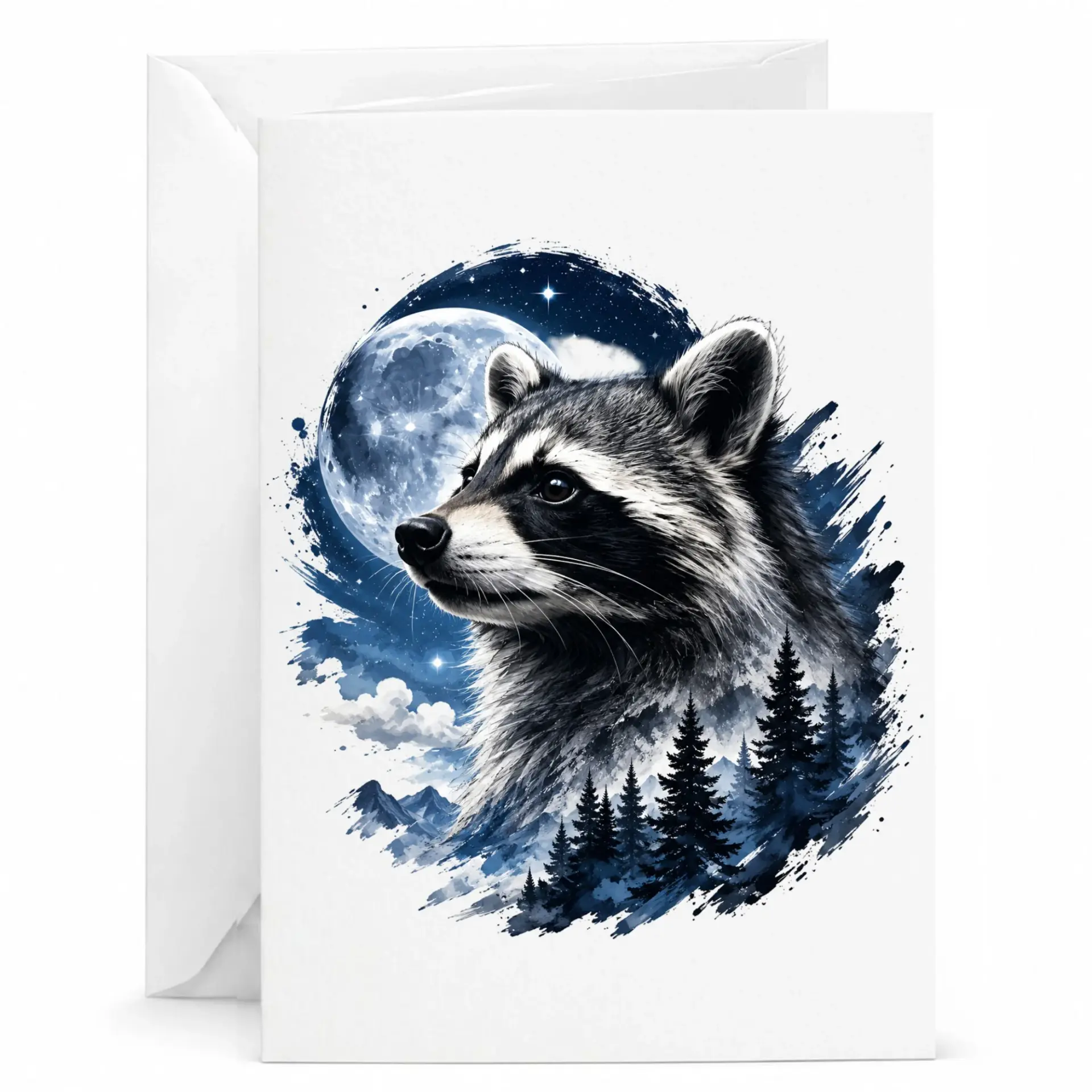 Greeting Card Raccoon under Full Moon Nature Art Artistic Illustration on Premium Folded Note for Any Event